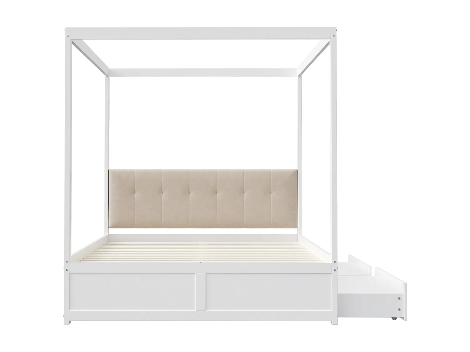 Hemelbedframe 140 x 200 cm met 2 grote lades en zachte rugleuning, wit houten bed