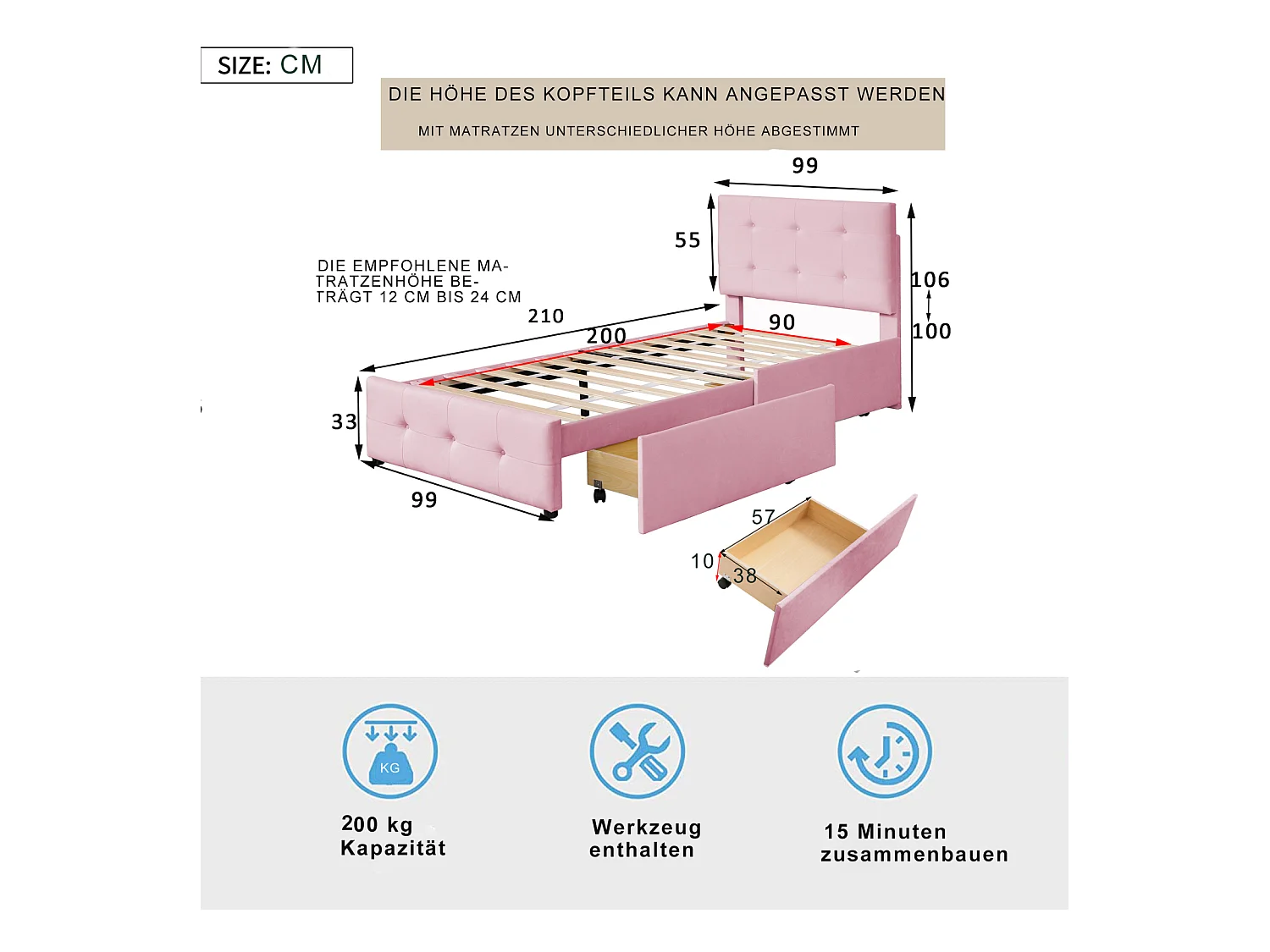 Lit capitonne 90 x 200 cm - avec 2 tiroirs, sommier à lattes et tête de lit relevable, tissu velours, style scandinave - Rose