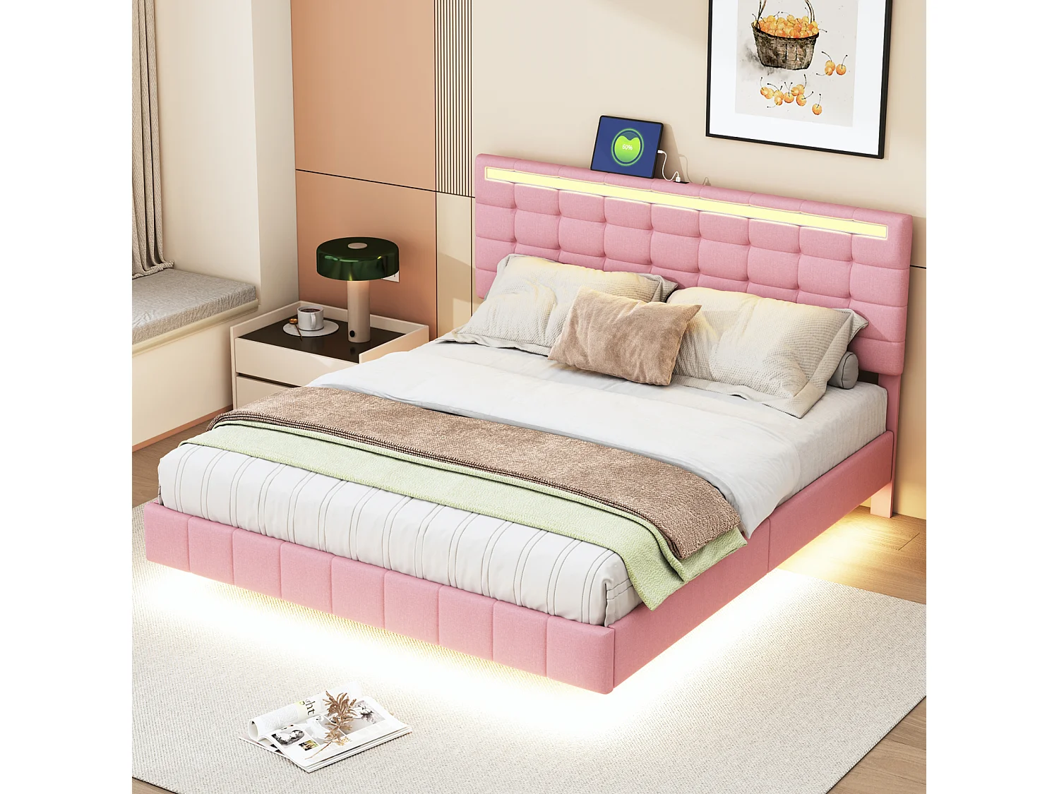 Lit capitonné avec lampes LED pour adulte - cadre de lit flottant avec sommier à lattes et tête de lit avec 2 porte USB - rose 160x200cm