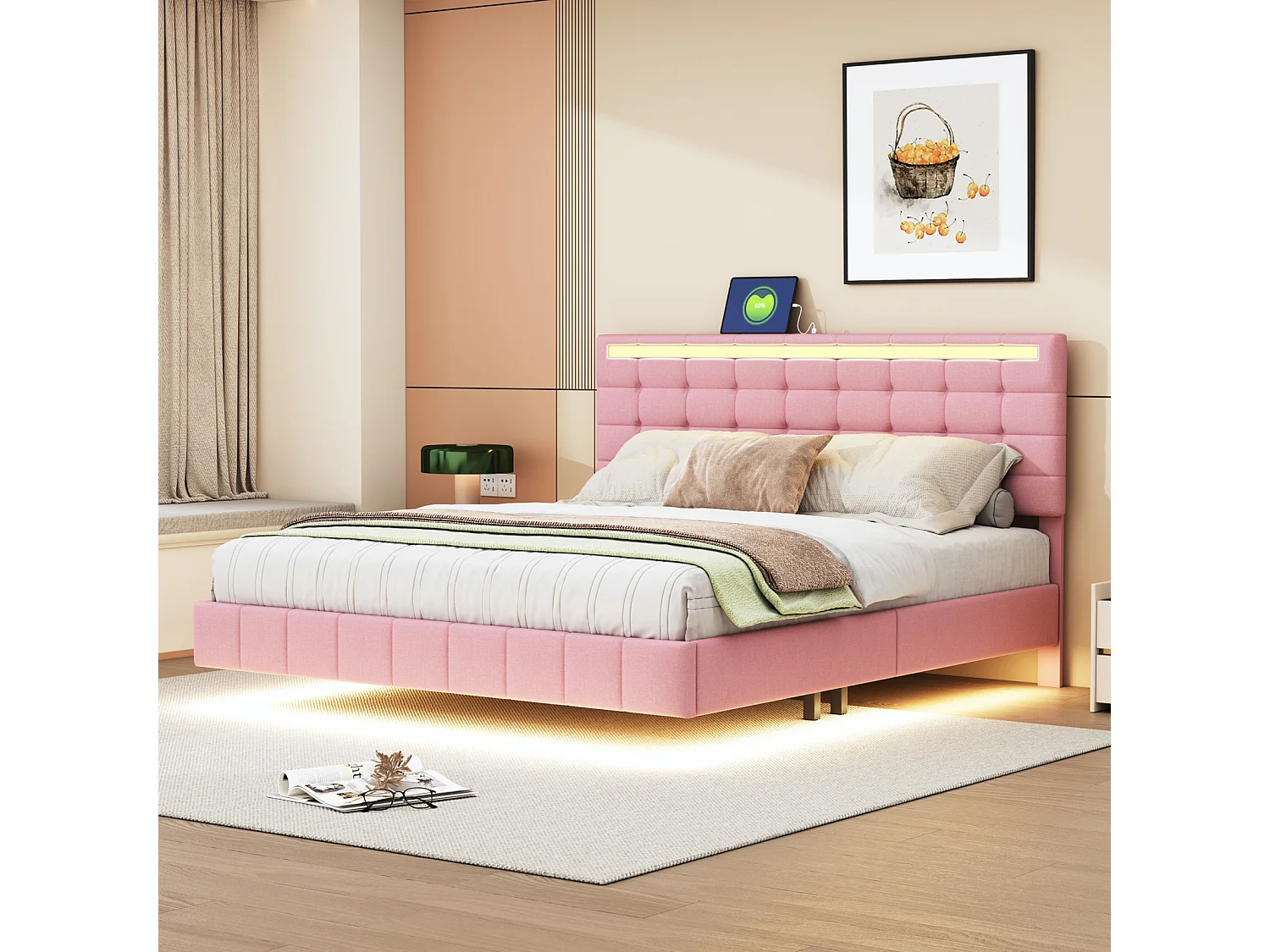 Lit capitonné avec lampes LED pour adulte - cadre de lit flottant avec sommier à lattes et tête de lit avec 2 porte USB - rose 160x200cm