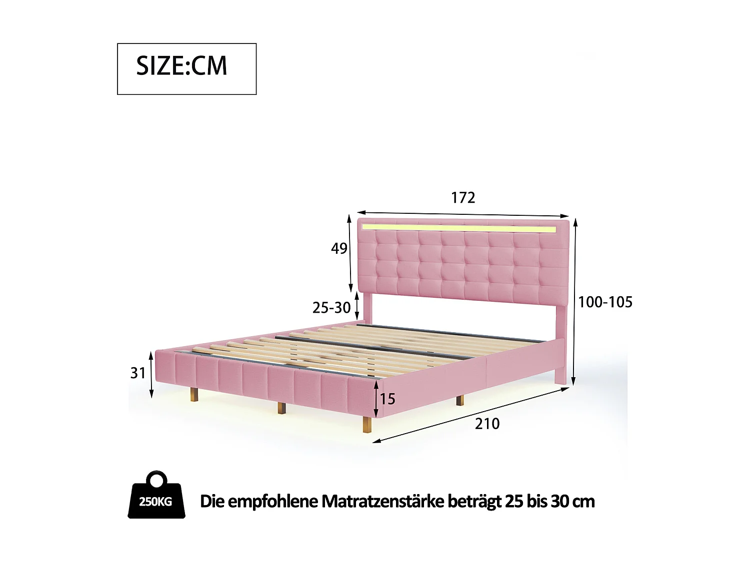 Lit capitonné avec lampes LED pour adulte - cadre de lit flottant avec sommier à lattes et tête de lit avec 2 porte USB - rose 160x200cm