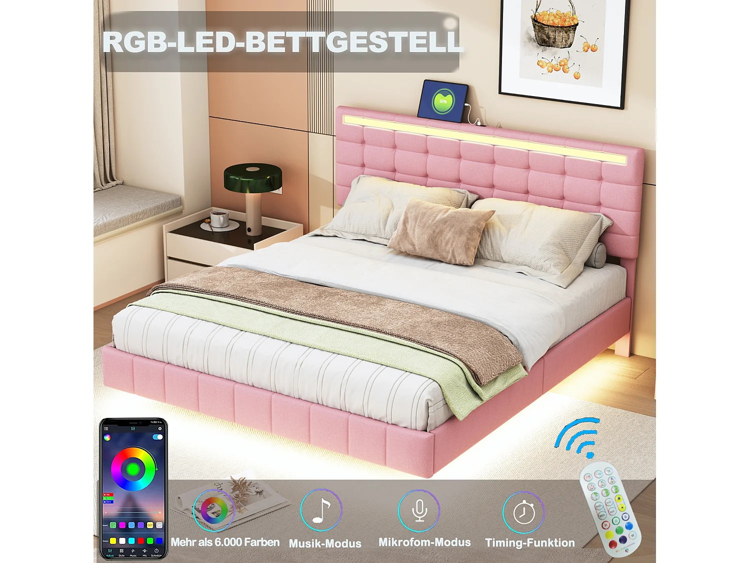 Lit capitonné avec lampes LED pour adulte - cadre de lit flottant avec sommier à lattes et tête de lit avec 2 porte USB - rose 160x200cm