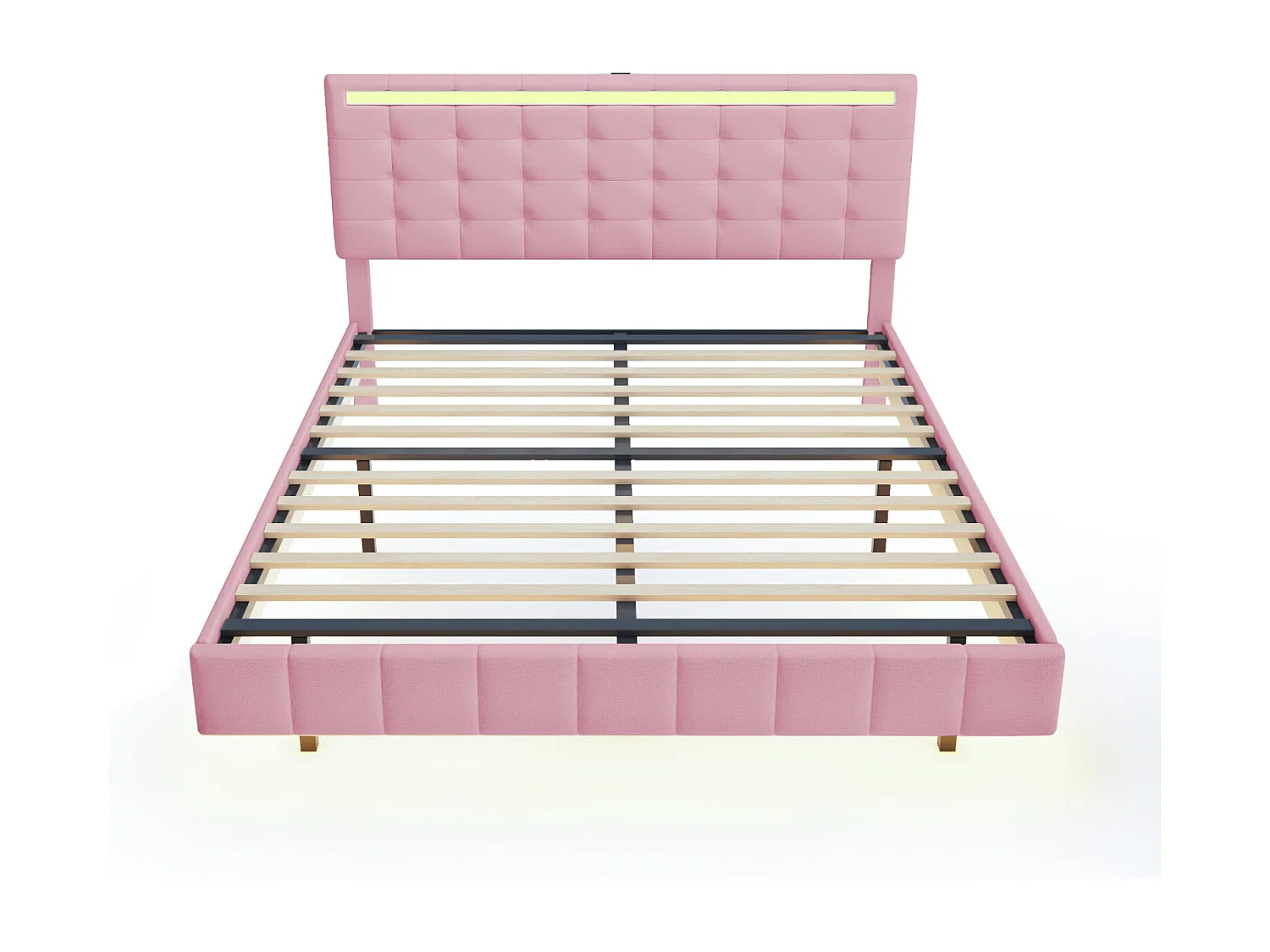 Lit capitonné avec lampes LED pour adulte - cadre de lit flottant avec sommier à lattes et tête de lit avec 2 porte USB - rose 160x200cm