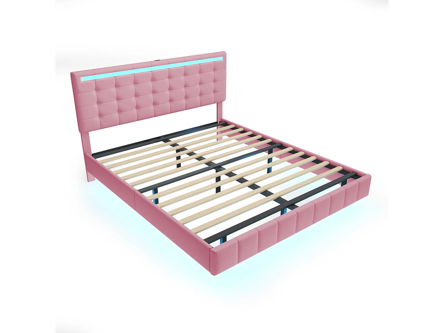Lit capitonné avec lampes LED pour adulte - cadre de lit flottant avec sommier à lattes et tête de lit avec 2 porte USB - rose 160x200cm