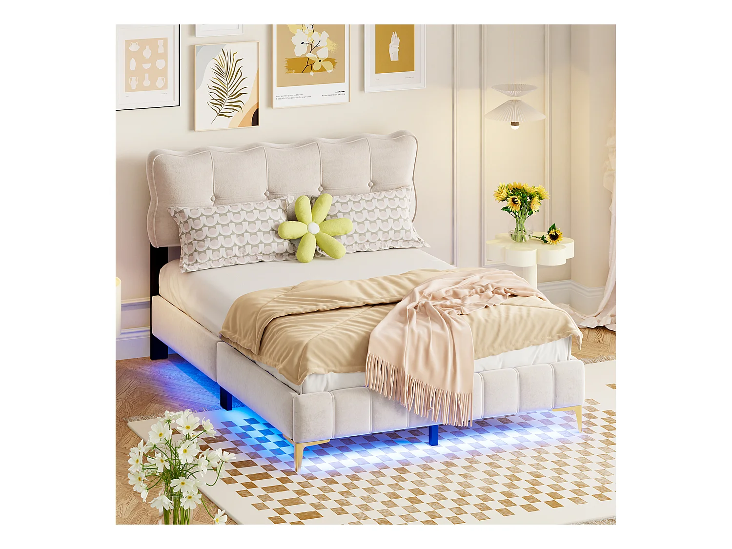 Lit adulte en tissu velours, lit double capitonné avec LED, sommier à lattes, pieds hauts en métal beige 140x200cm