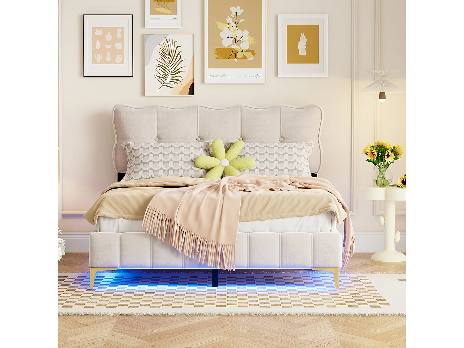 Volwassen bed in fluwelen stof, gestoffeerd tweepersoonsbed met LED, lattenbodem, hoge beige metalen poten 140x200cm