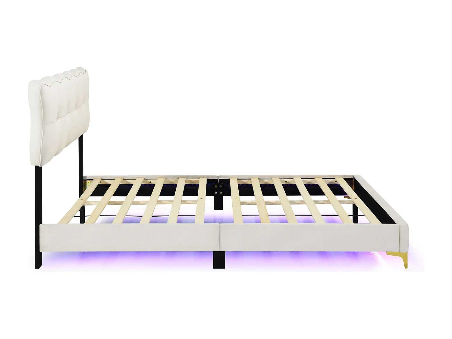 Volwassen bed in fluwelen stof, gestoffeerd tweepersoonsbed met LED, lattenbodem, hoge beige metalen poten 140x200cm