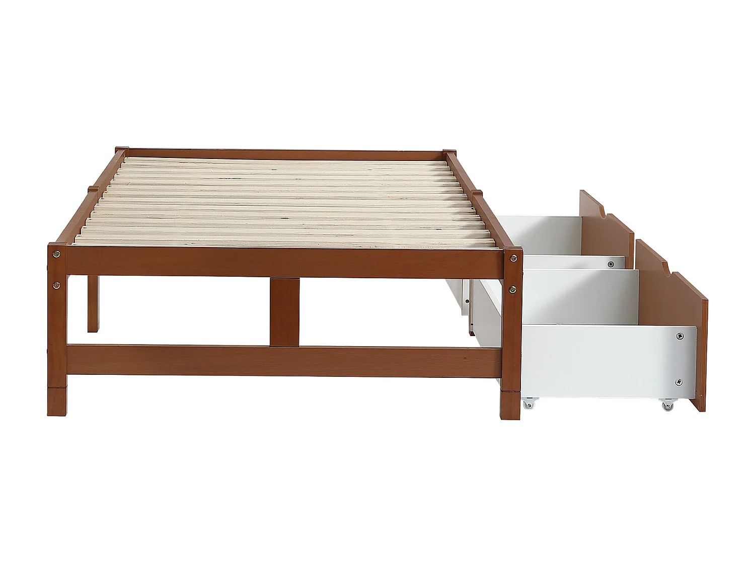 Bedframe 90x200cm - houten eenpersoonsbed met 2 lades op wielen met lattenbodems zonder hoofdbord - roodbruin