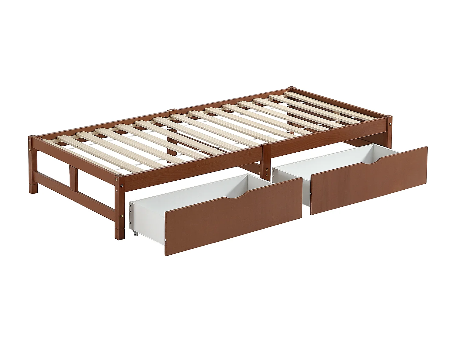 Bedframe 90x200cm - houten eenpersoonsbed met 2 lades op wielen met lattenbodems zonder hoofdbord - roodbruin