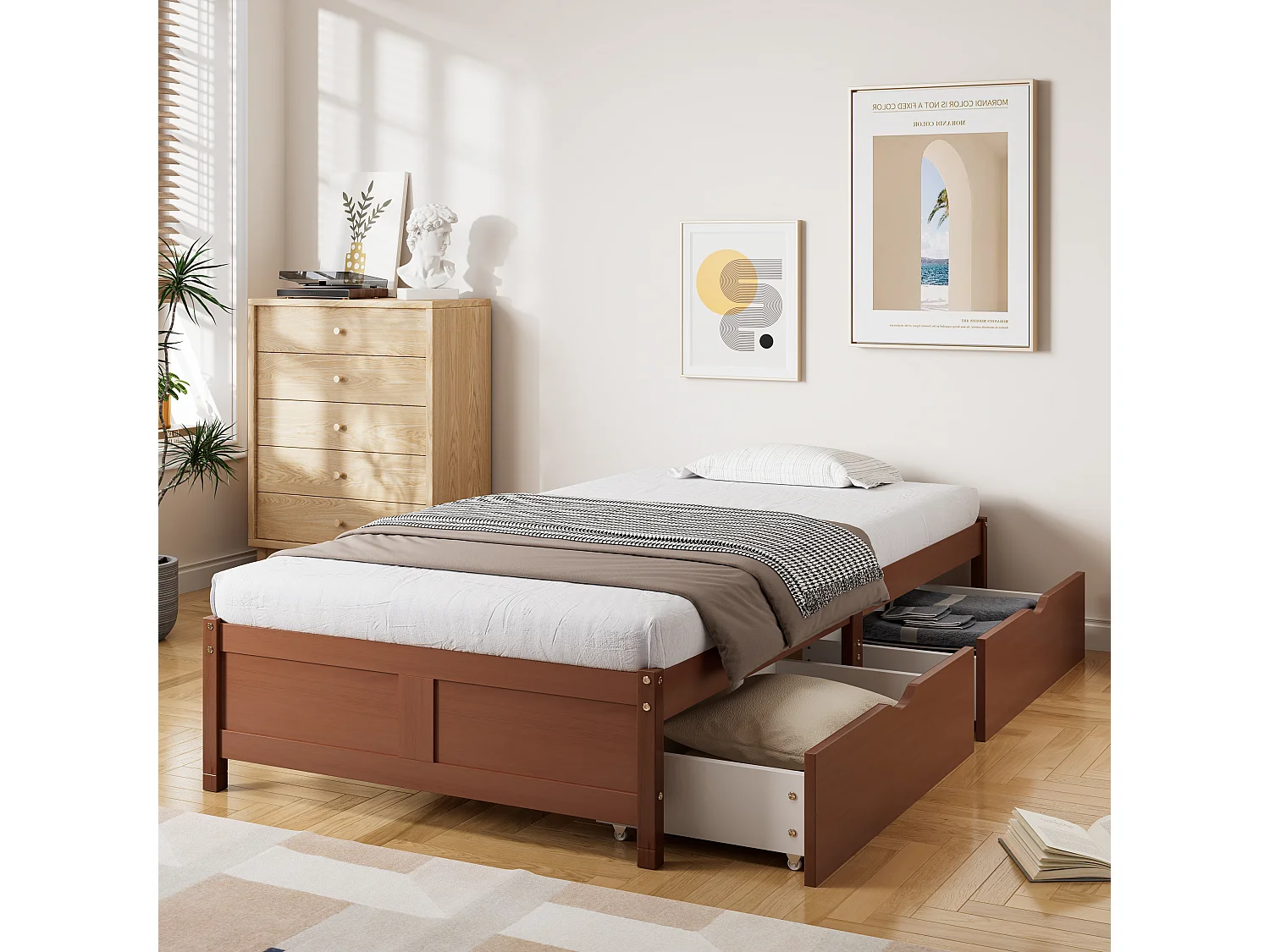 Cadre de lit 90x200cm - lit simple en bois avec 2 tiroirs à roulettes avec sommiers à lattes sans tête de lit - rouge-marron