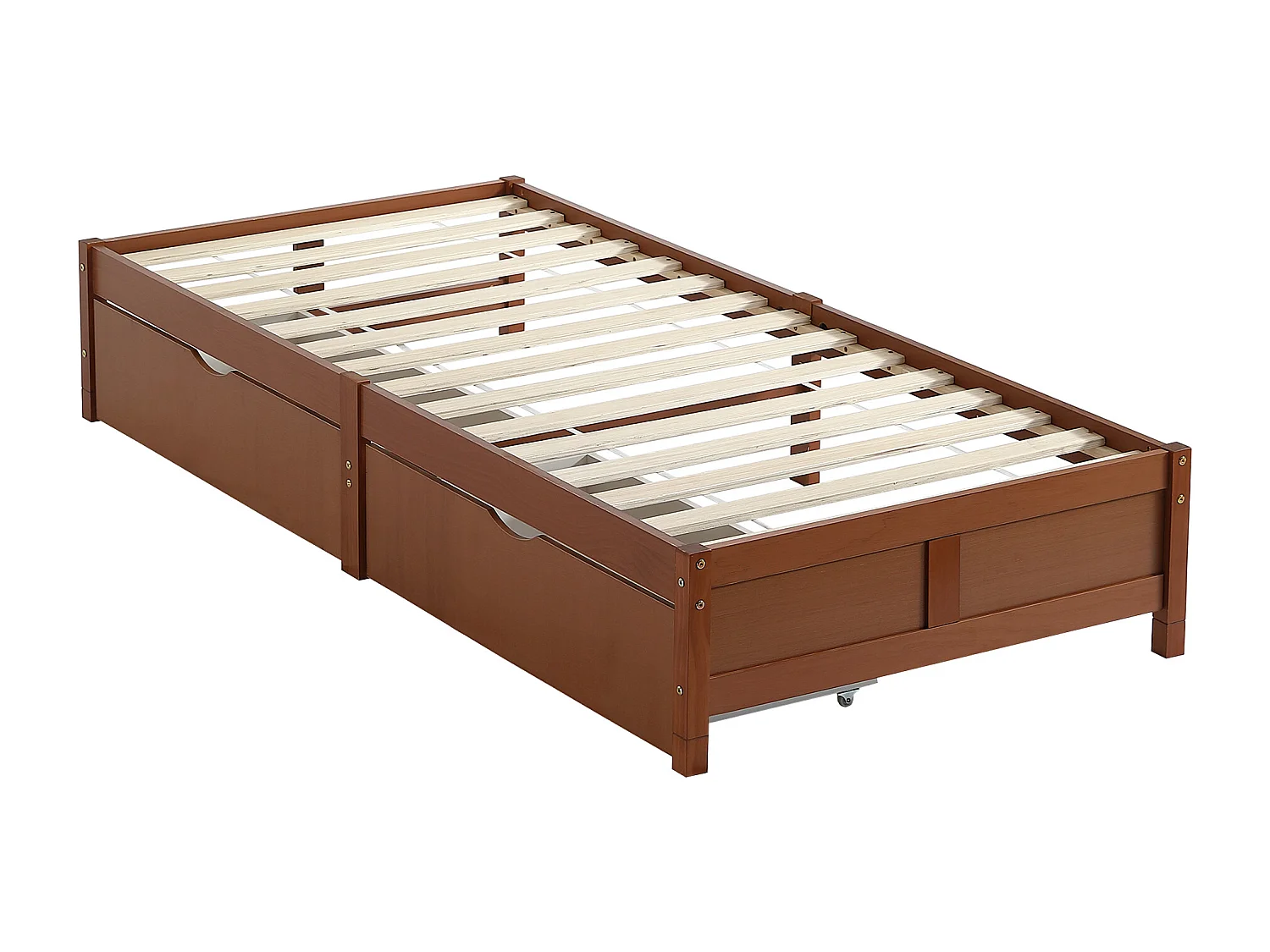 Cadre de lit 90x200cm - lit simple en bois avec 2 tiroirs à roulettes avec sommiers à lattes sans tête de lit - rouge-marron