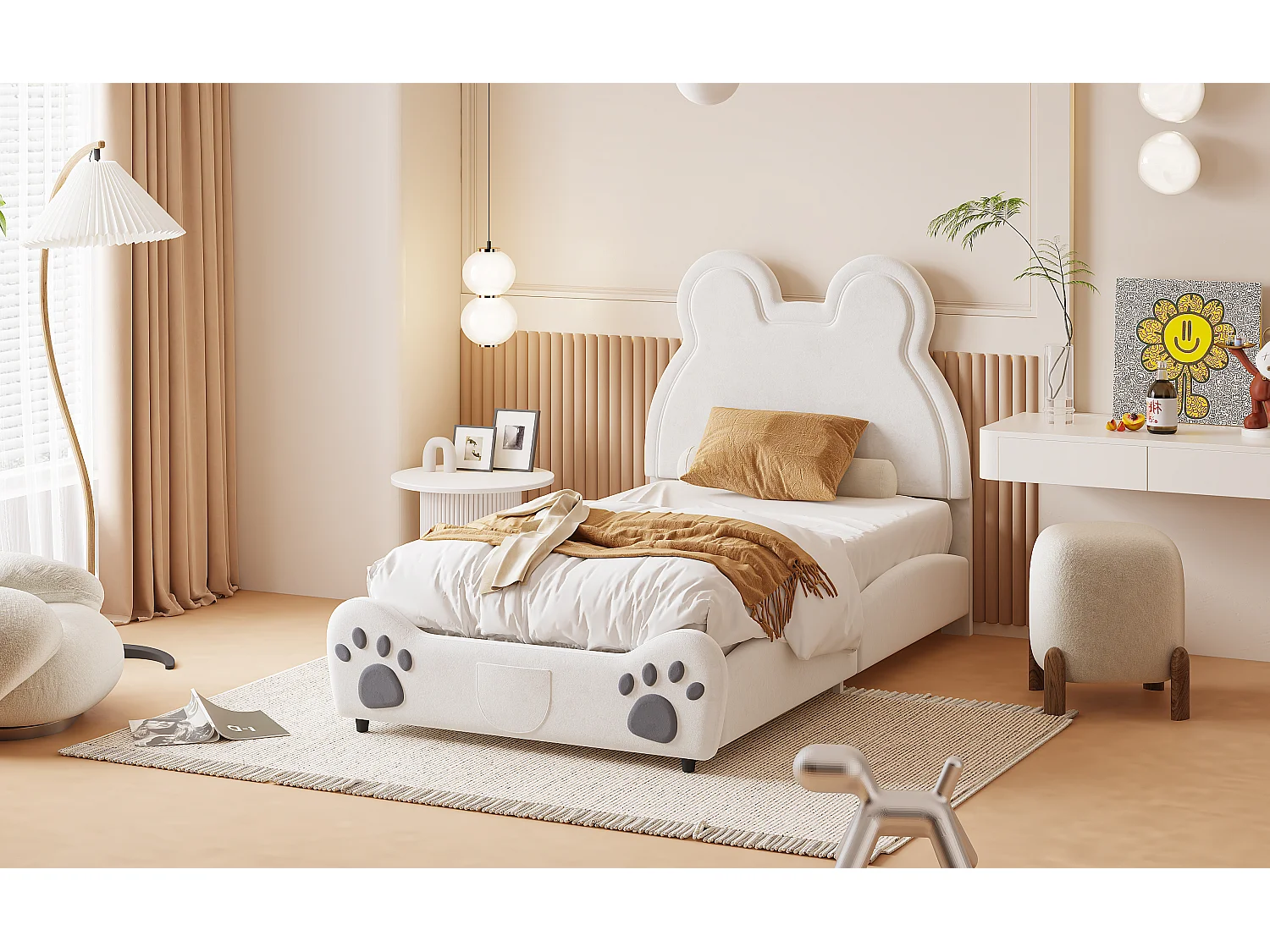 Bed 90x200cm, Beau gestoffeerd bed in de vorm van een beer, eenpersoons vlak fluwelen bed met lattenbodem en hoofdbord, zonder matras, wit