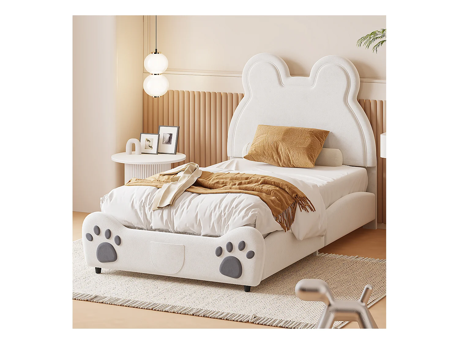 Bed 90x200cm, Beau gestoffeerd bed in de vorm van een beer, eenpersoons vlak fluwelen bed met lattenbodem en hoofdbord, zonder matras, wit