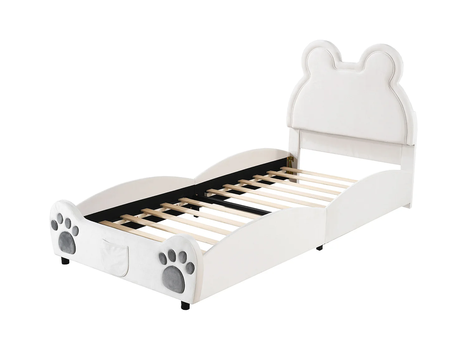 Lit 90x200cm, lit rembourré Beau en forme d'ours, lit simple plat en velours avec sommier à lattes et tête de lit, sans matelas, blanc