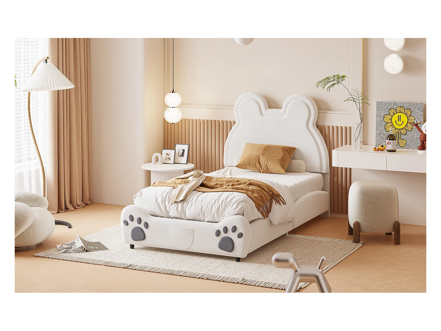 Lit 90x200cm, lit rembourré Beau en forme d'ours, lit simple plat en velours avec sommier à lattes et tête de lit, sans matelas, blanc