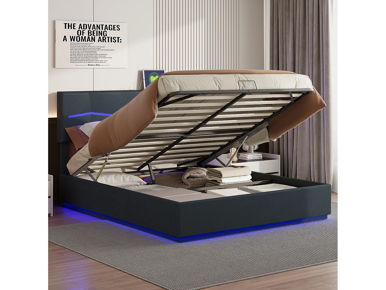 Letto contenitore 140 x 200 cm con illuminazione LED e ricarica USB - idraulico - Letto matrimoniale - PU - Nero