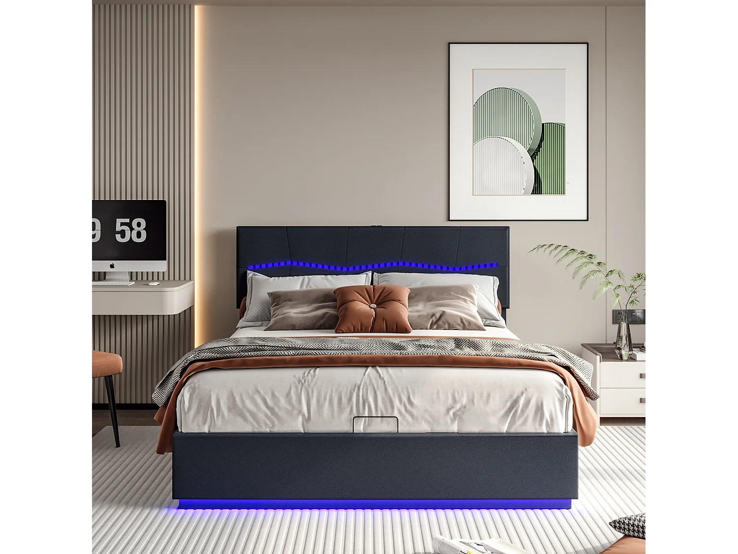 Letto contenitore 140 x 200 cm con illuminazione LED e ricarica USB - idraulico - Letto matrimoniale - PU - Nero