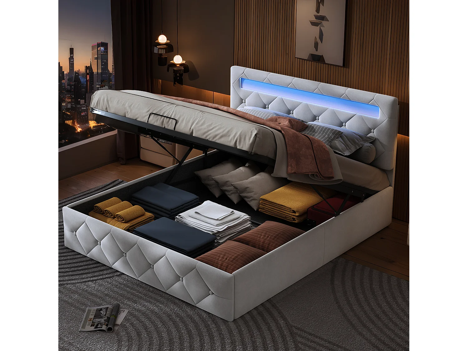Bed 140x200cm met LED - Lattenbodem - Grote opbergruimte - Beige