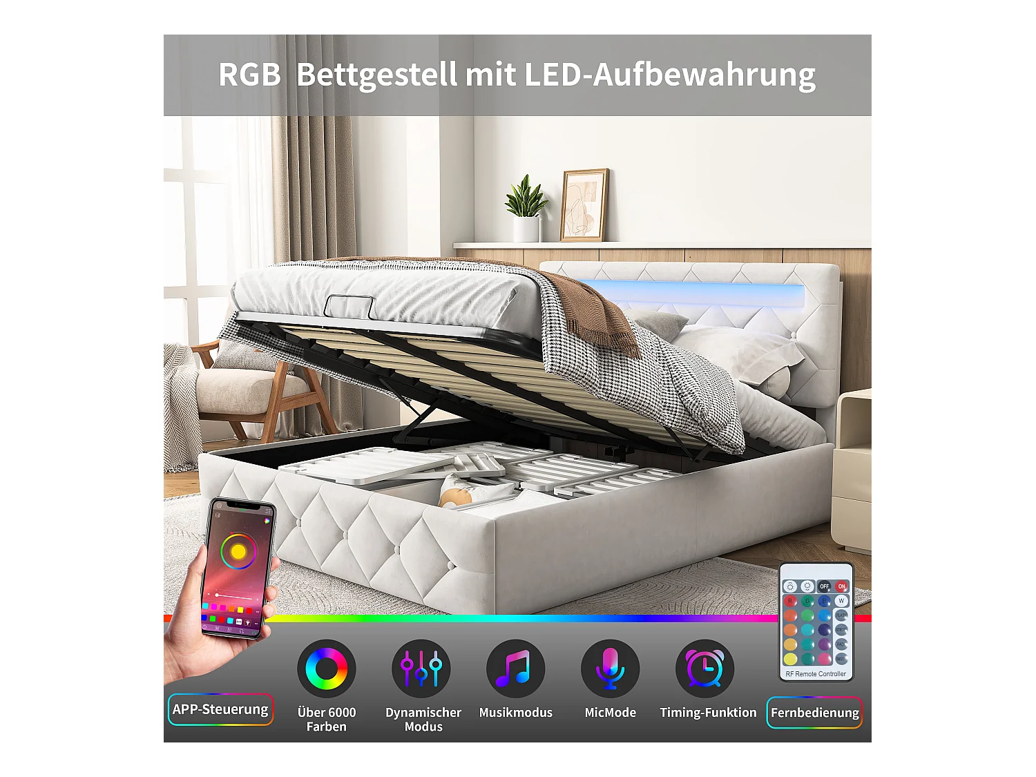 Lit 140x200cm avec LED - Sommier à Lattes - Grand Rangement - Beige