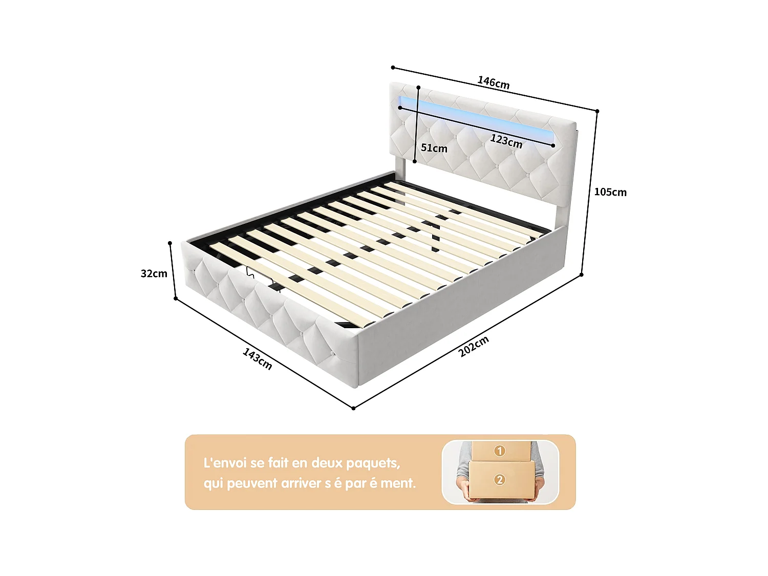 Lit 140x200cm avec LED - Sommier à Lattes - Grand Rangement - Beige