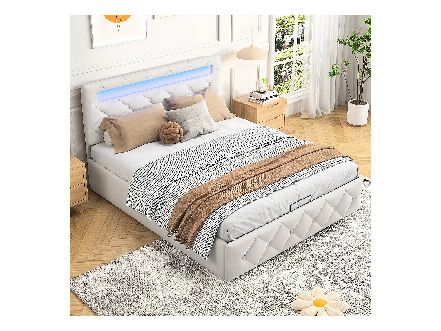 Lit 140x200cm avec LED - Sommier à Lattes - Grand Rangement - Beige