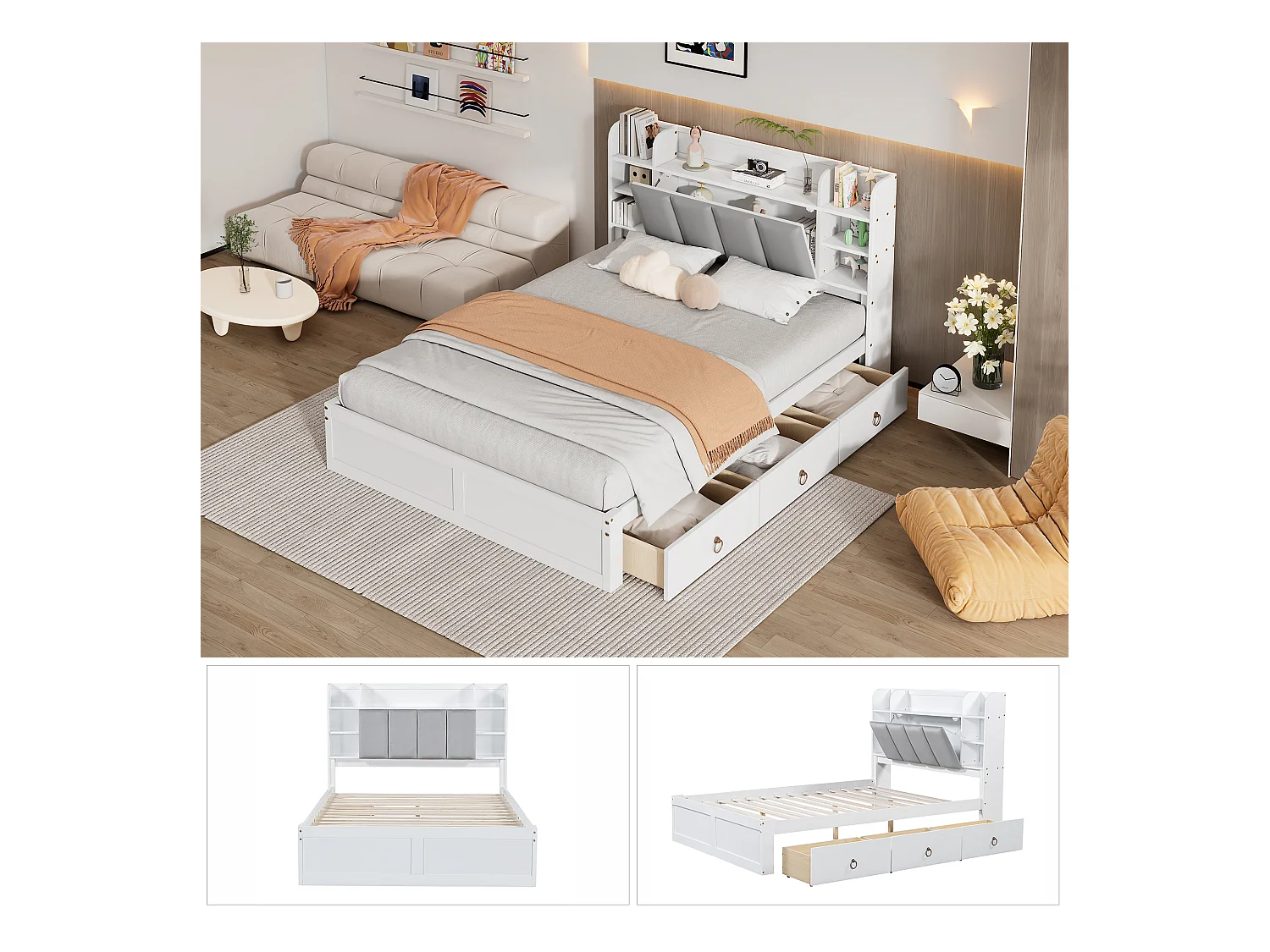 Lit double 140x200 cm en pin et MDF avec tête de rangement, étagères ouvertes et 3 tiroirs - Blanc