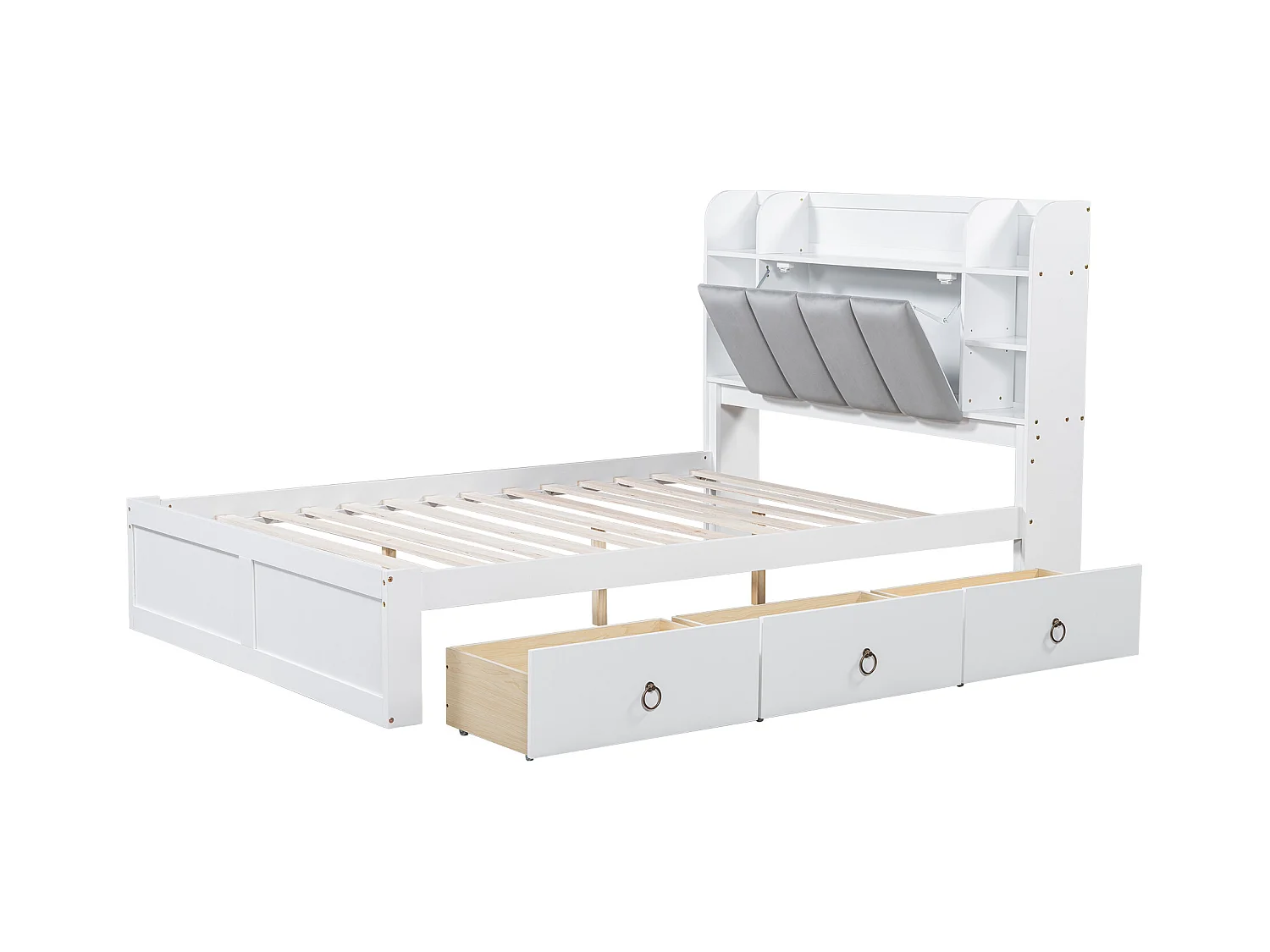 Lit double 140x200 cm en pin et MDF avec tête de rangement, étagères ouvertes et 3 tiroirs - Blanc