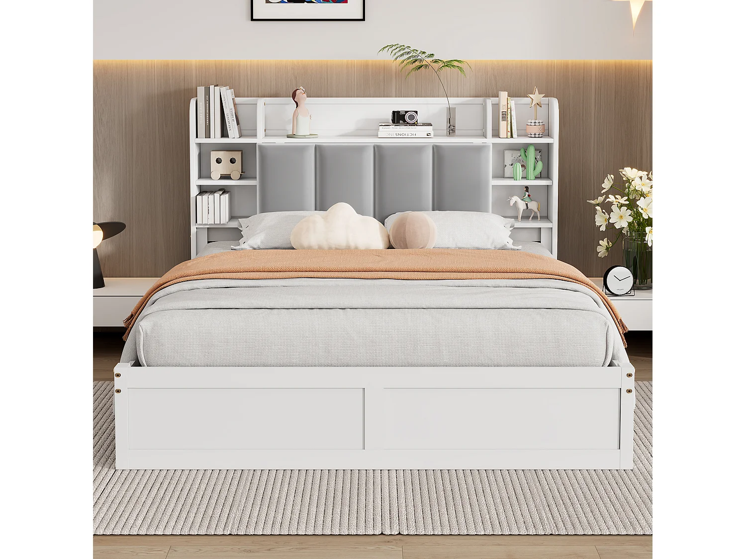 Lit double 140x200 cm en pin et MDF avec tête de rangement, étagères ouvertes et 3 tiroirs - Blanc