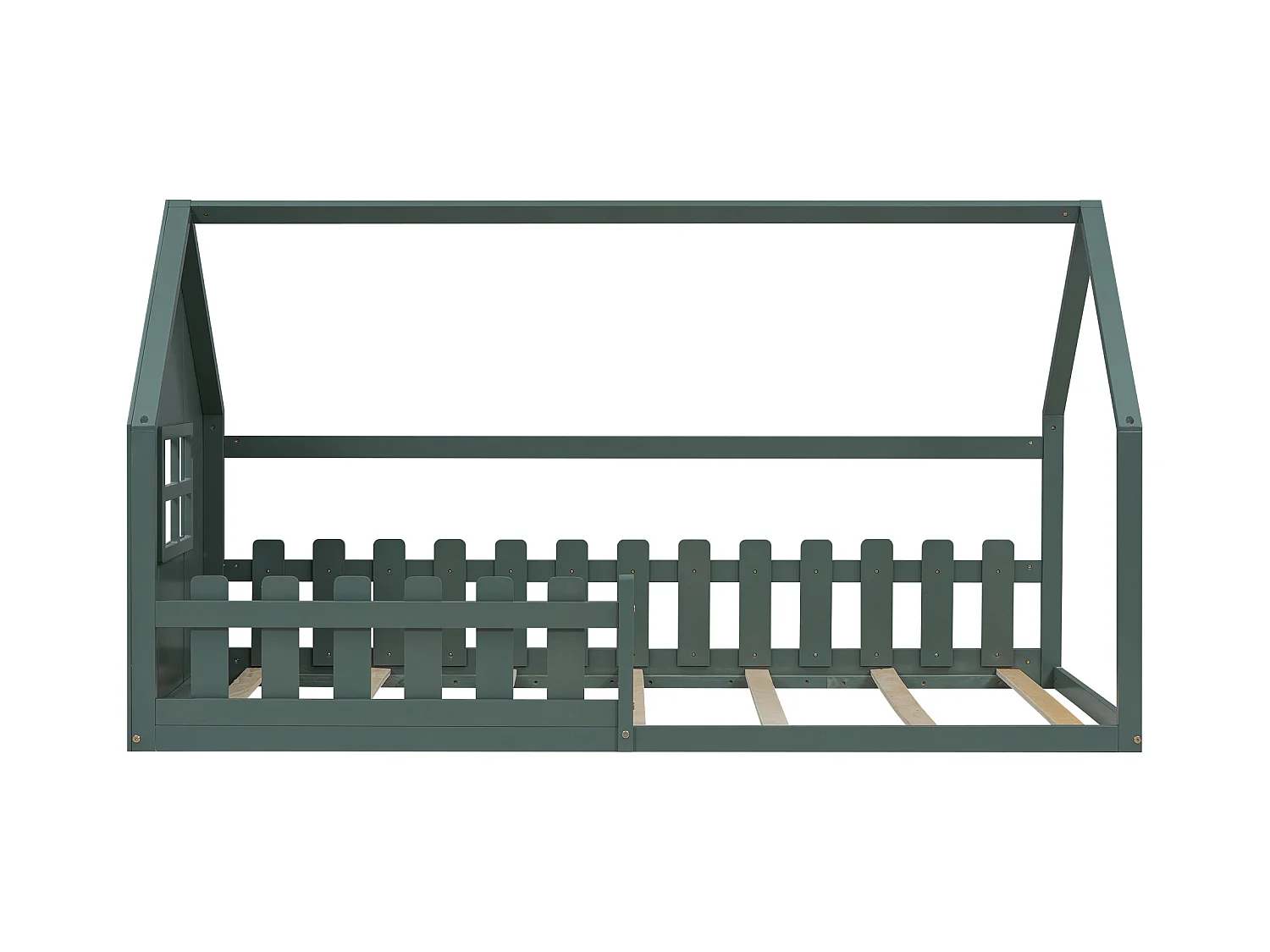 Lit cabane 90x200cm, lit plat d'enfant avec barre de maison, sommier à lattes, pin, vert