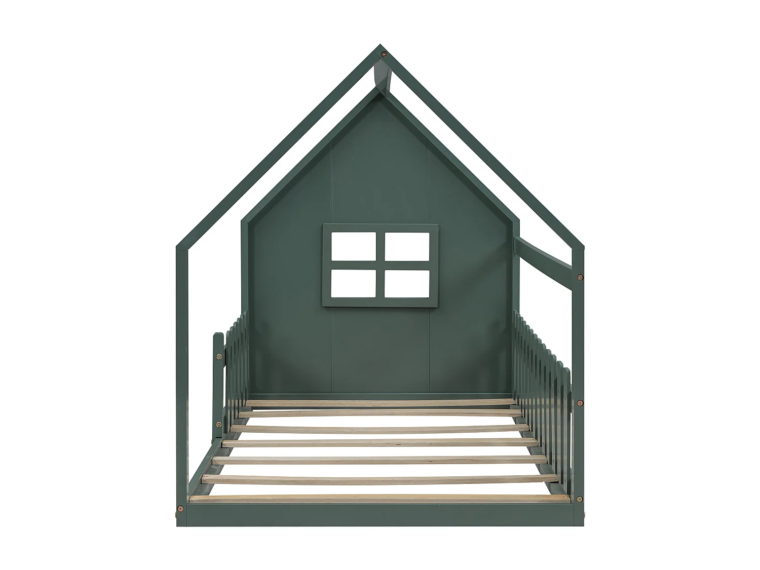 Lit cabane 90x200cm, lit plat d'enfant avec barre de maison, sommier à lattes, pin, vert