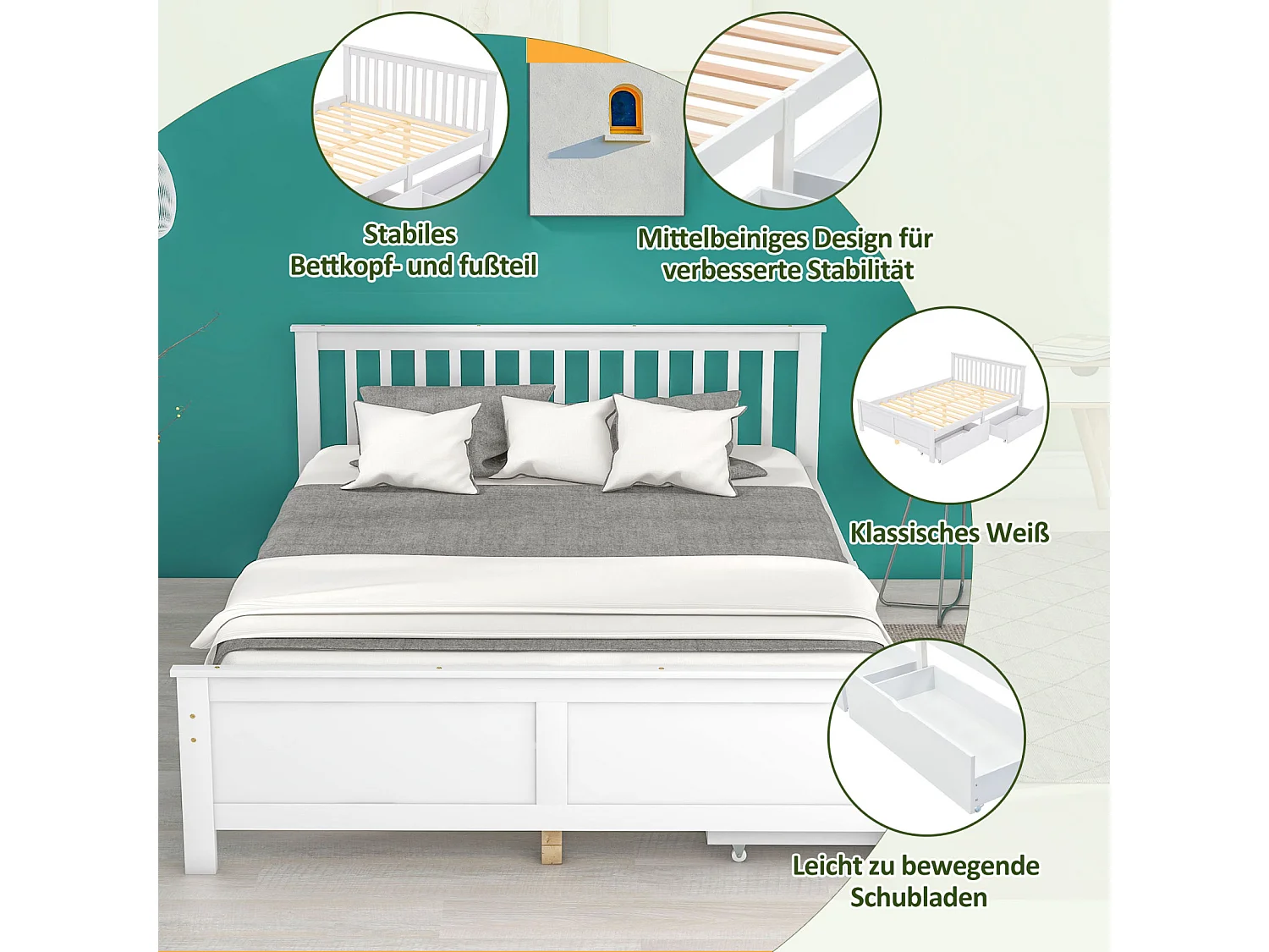 Cama doble de madera de 140 x 200 cm para jóvenes y adultos. Con cajones. Estructura de pino. Color blanco.