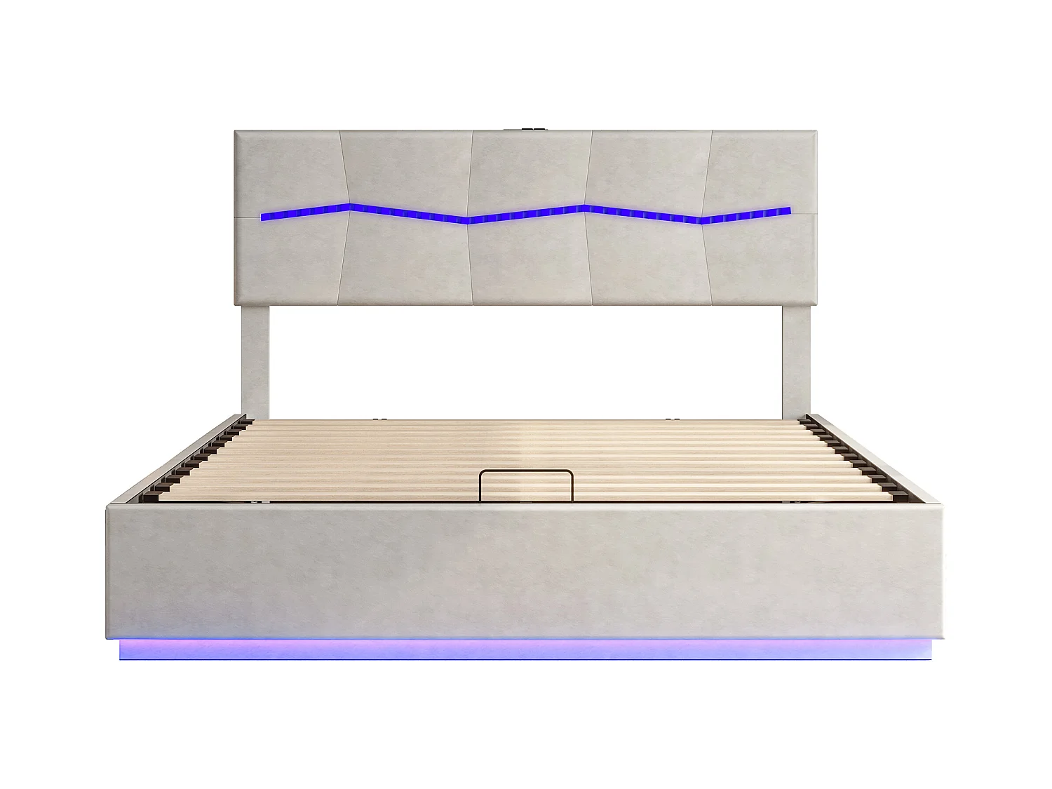 Lit coffre 140 x 200 cm avec éclairage LED et charge USB -  hydraulique - Lit 2 Personnes - PU - Beige