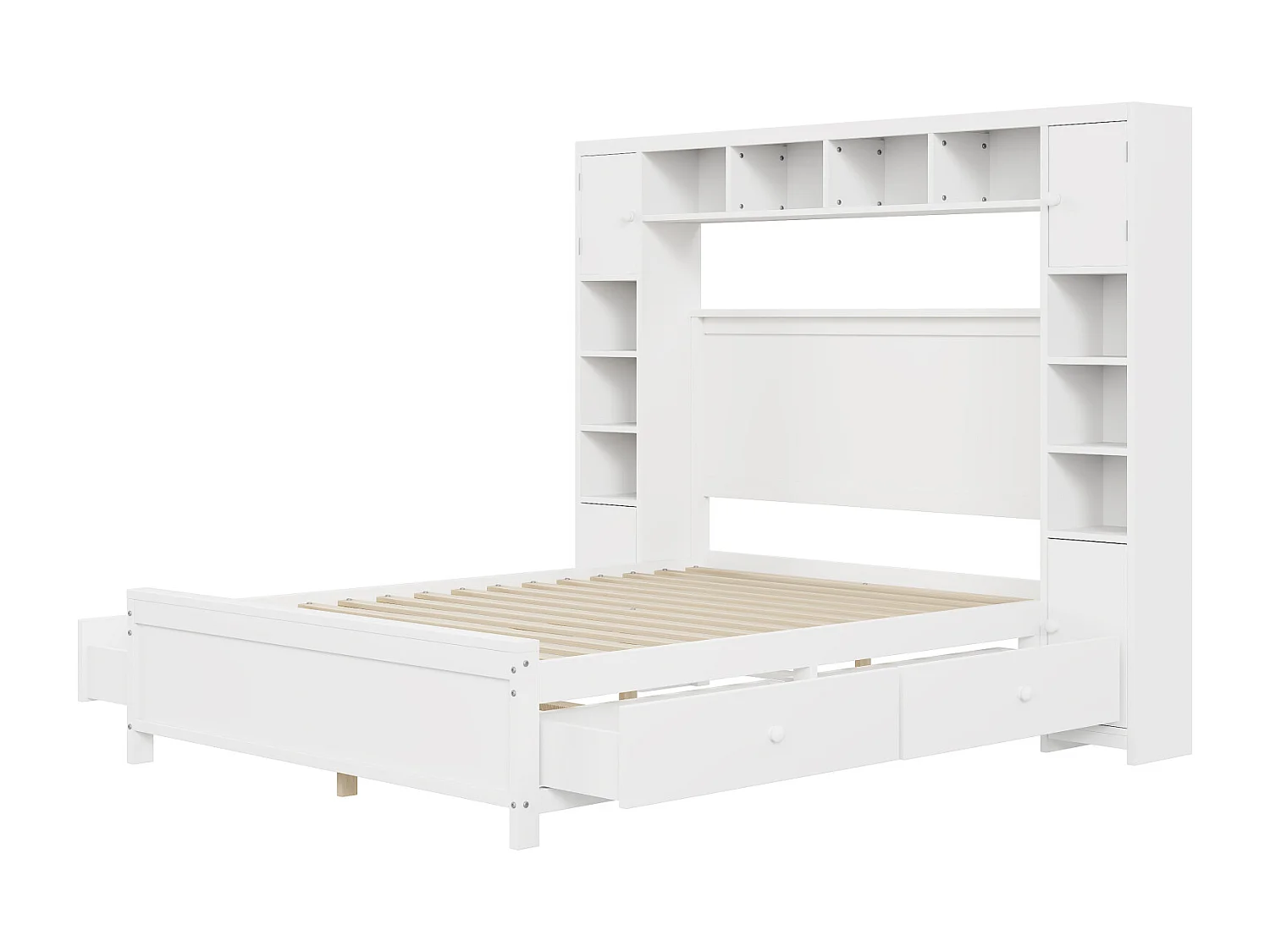 Lit 140x200cm, Cadre de lit, avec 4 tiroirs et grand placard de rangement, lit double en bois massif avec sommier à lattes, blanc