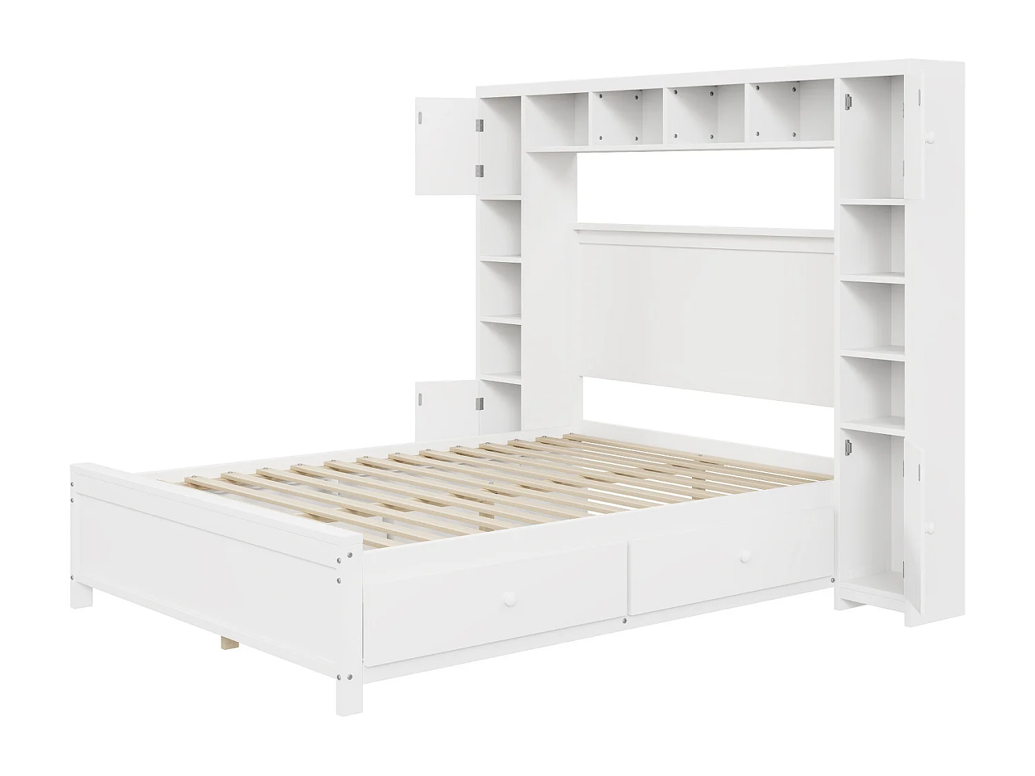 Lit 140x200cm, Cadre de lit, avec 4 tiroirs et grand placard de rangement, lit double en bois massif avec sommier à lattes, blanc