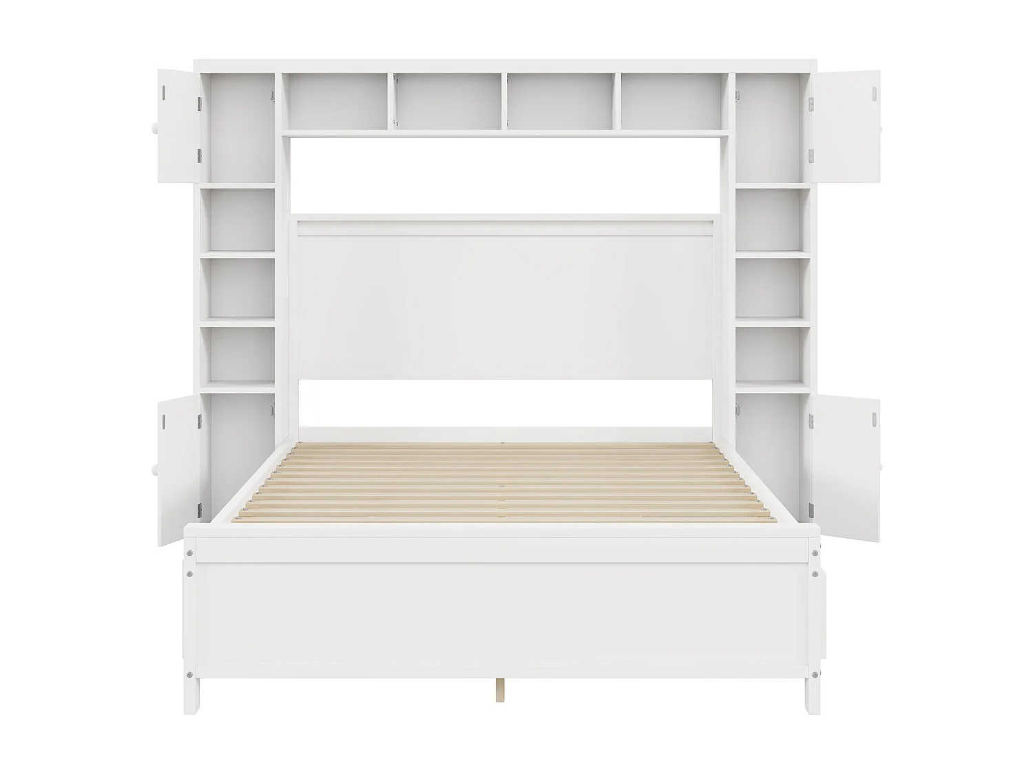 Lit 140x200cm, Cadre de lit, avec 4 tiroirs et grand placard de rangement, lit double en bois massif avec sommier à lattes, blanc