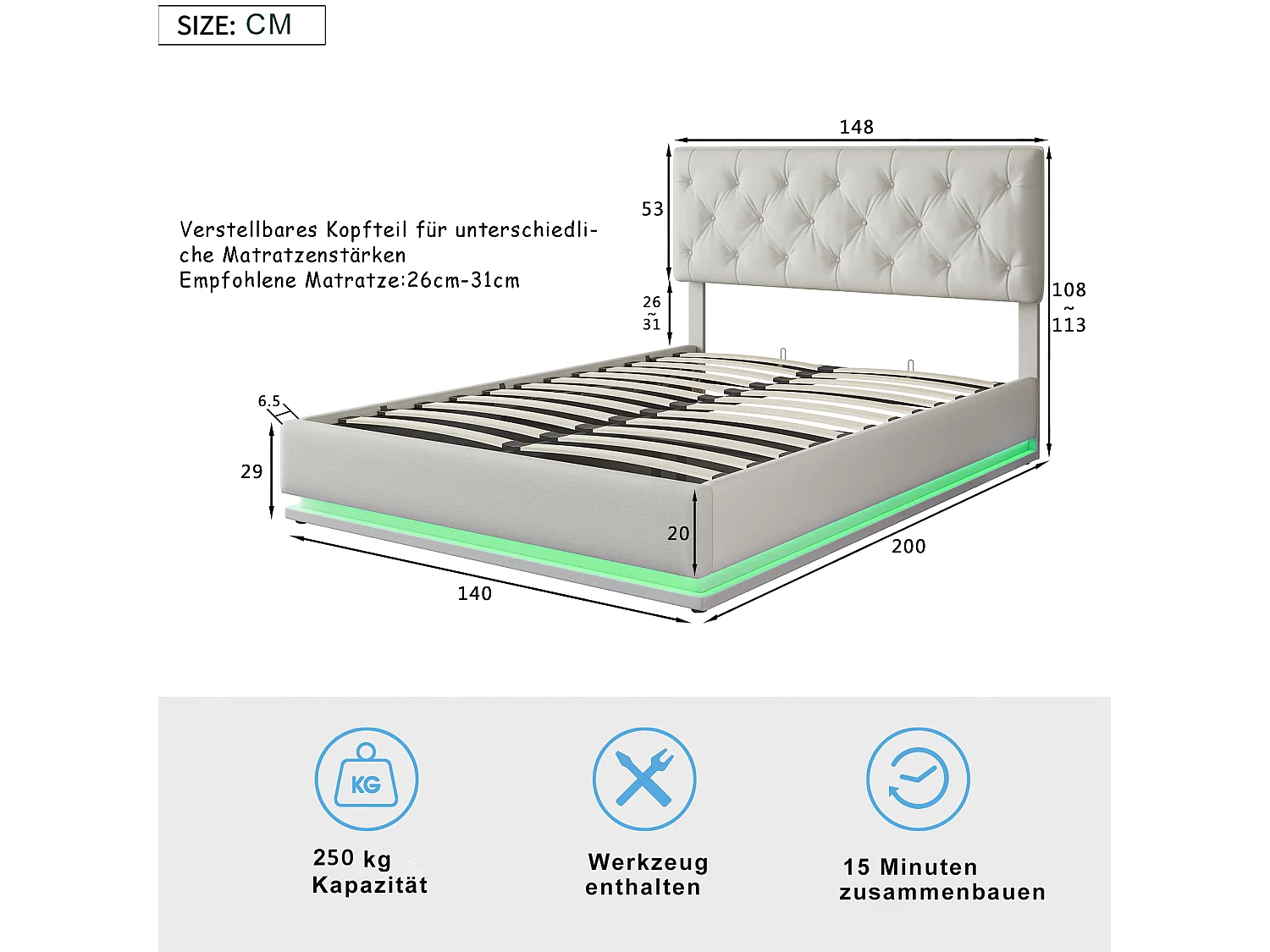 Bed 140x200cm - Opbergruimte - Lattenbodem - LED-verlichting en verstelbaar hoofdeinde - Linnen - Beige