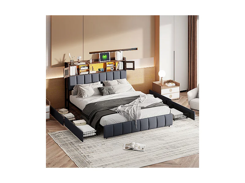 Doppelbett 140x200cm - Erwachsenenbett mit 4 Schubladen, Lattenrost und LED-Kopfteil mit Ablagen und Ladeanschluss - in schwarzem Leinen