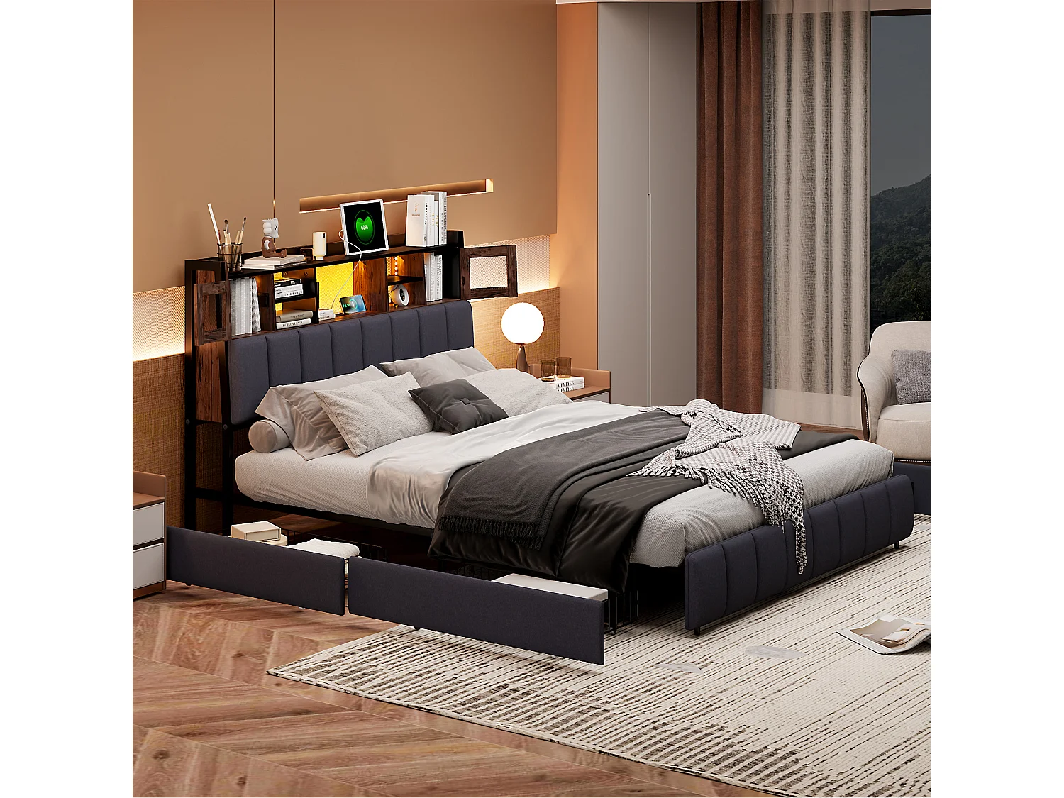 Lit double 140x200cm - lit adulte avec 4 tiroirs, sommier à lattes et tête de lit LED avec étagères et port charge - en lin noir