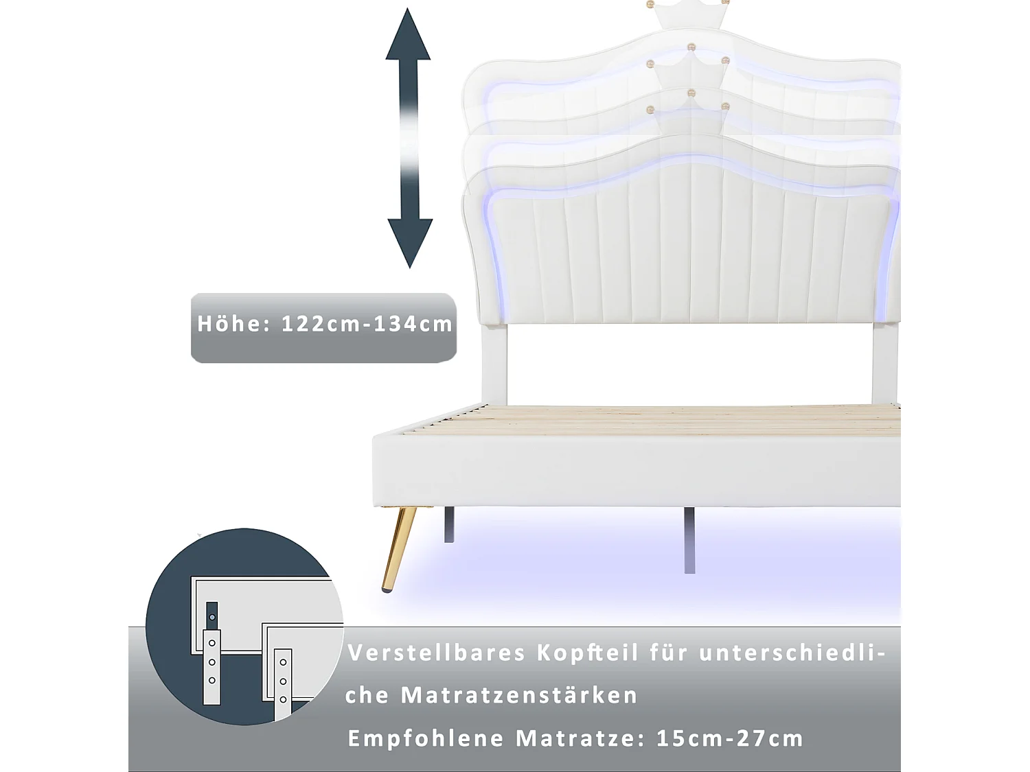Letto per adulti 140 x 200 cm - Letto matrimoniale in similpelle con lampade a LED e rete a doghe e testiera a corona (acconciatura) per adolescenti - Bianco