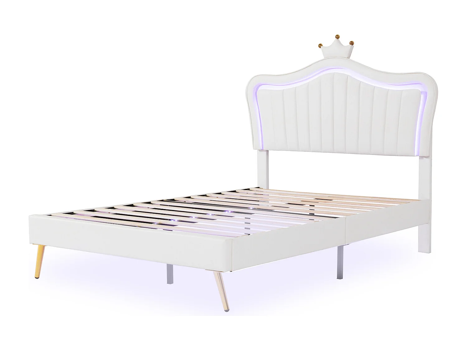 Letto per adulti 140 x 200 cm - Letto matrimoniale in similpelle con lampade a LED e rete a doghe e testiera a corona (acconciatura) per adolescenti - Bianco