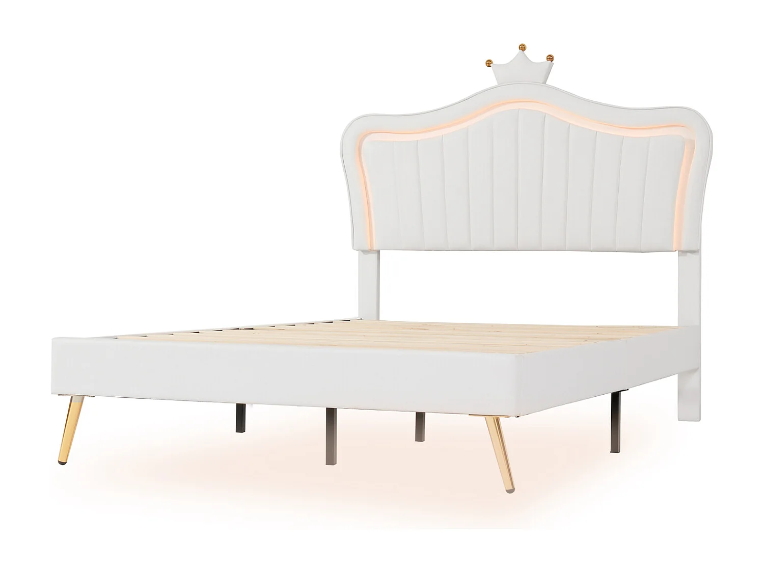 Letto per adulti 140 x 200 cm - Letto matrimoniale in similpelle con lampade a LED e rete a doghe e testiera a corona (acconciatura) per adolescenti - Bianco
