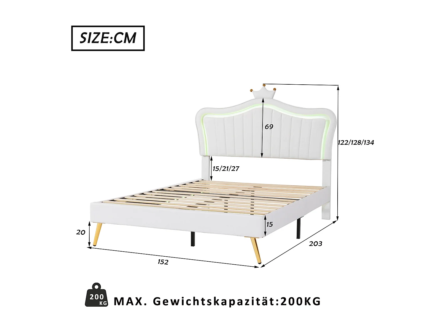Lit adulte 140 x 200 cm - Lit double en cuir PU avec lampes LED et sommier à lattes et tête de lit en couronne (coiffure) pour adolescent - Blanc