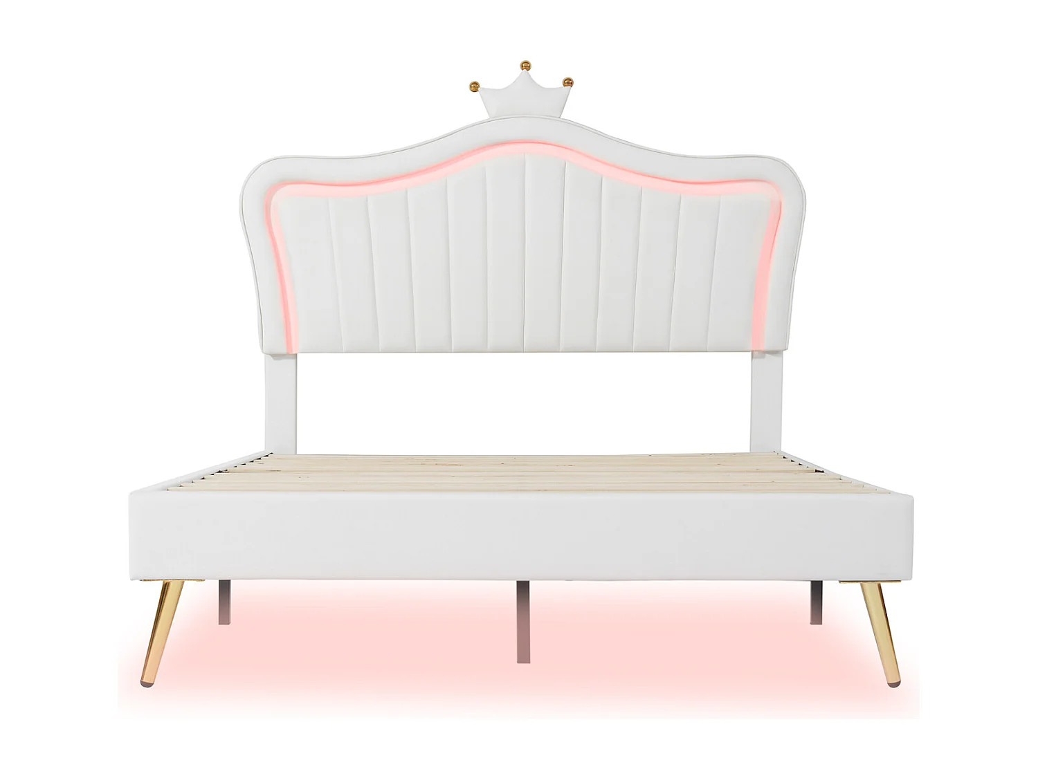 Lit adulte 140 x 200 cm - Lit double en cuir PU avec lampes LED et sommier à lattes et tête de lit en couronne (coiffure) pour adolescent - Blanc