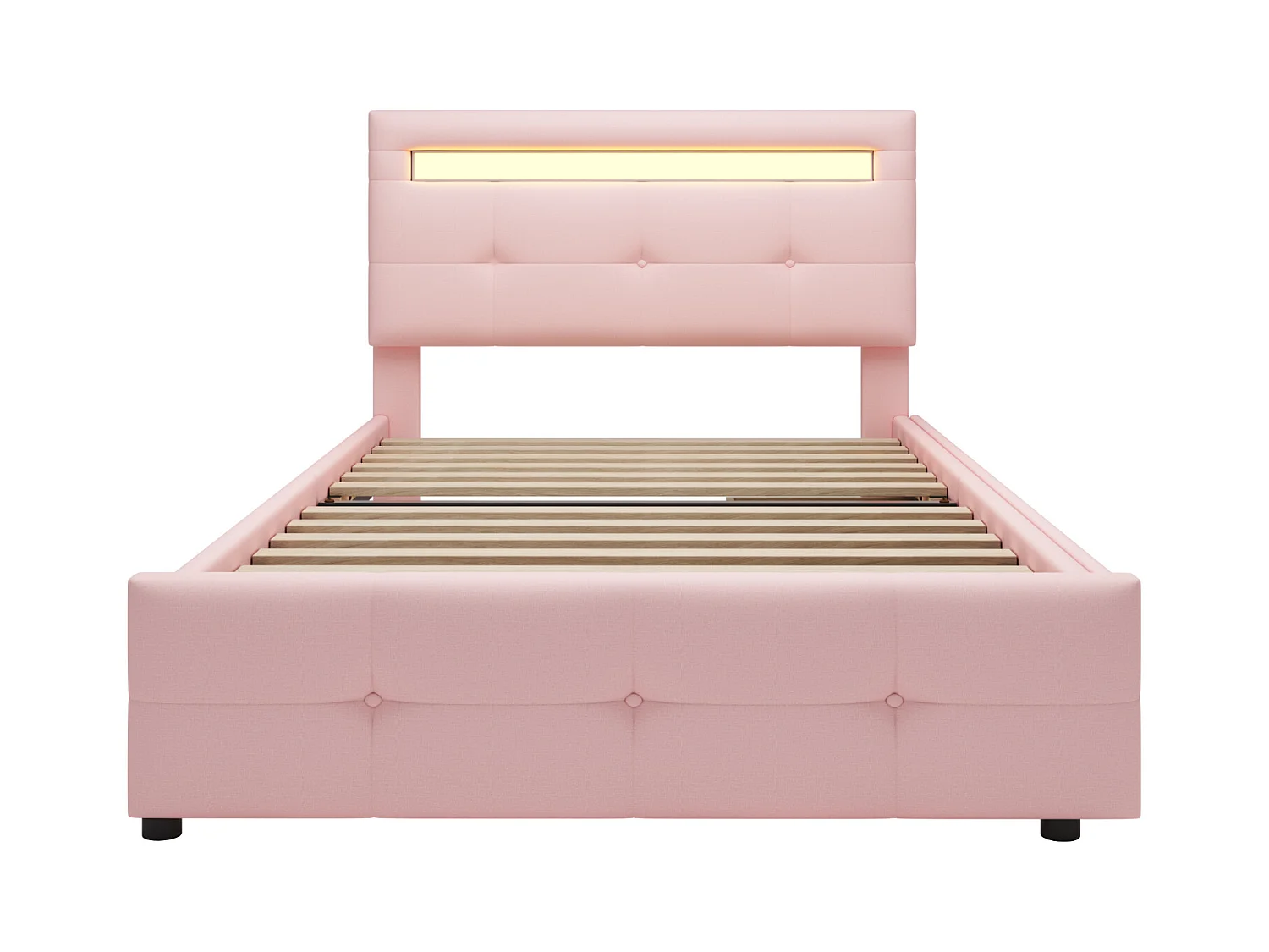 Eenpersoonsbed 90x200cm - Gestoffeerd kinderbed met 2 lades, lattenbodem en LED hoofdbord - Roze Linnen