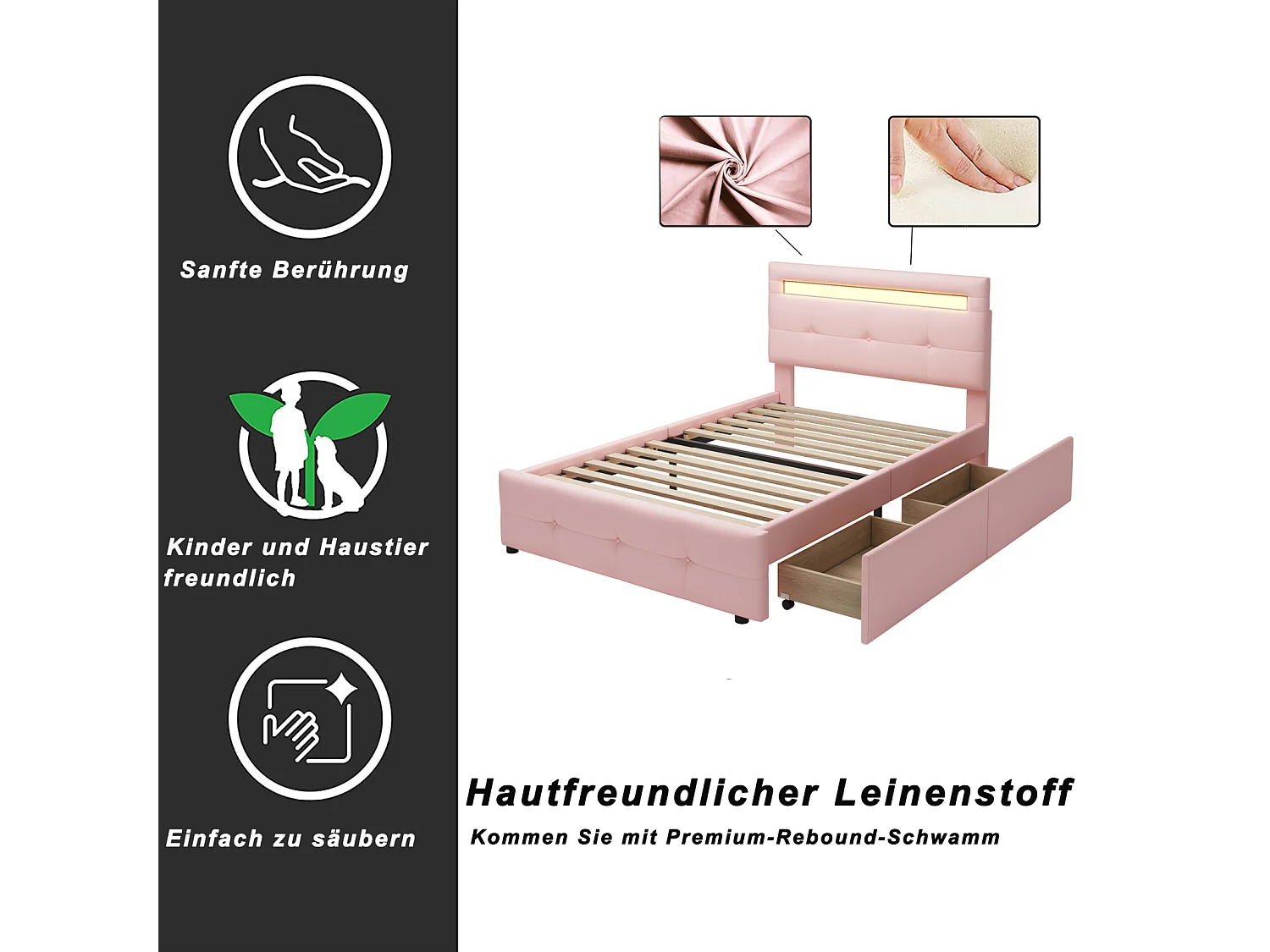 Lit simple 90x200cm - Lit enfant capitonné avec 2 tiroirs, sommier à lattes et tête de lit LED - Lin Rose