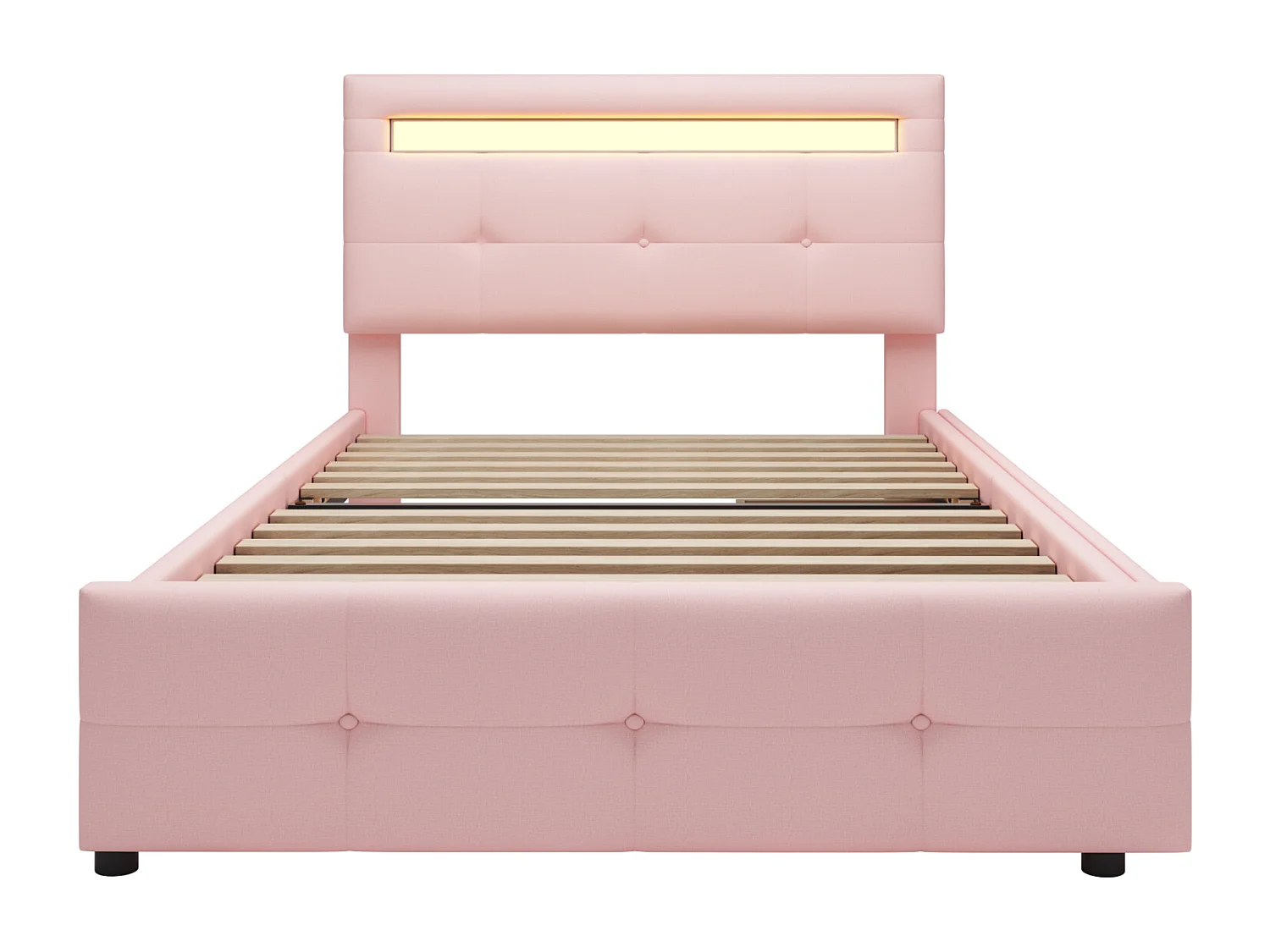 Lit simple 90x200cm - Lit enfant capitonné avec 2 tiroirs, sommier à lattes et tête de lit LED - Lin Rose