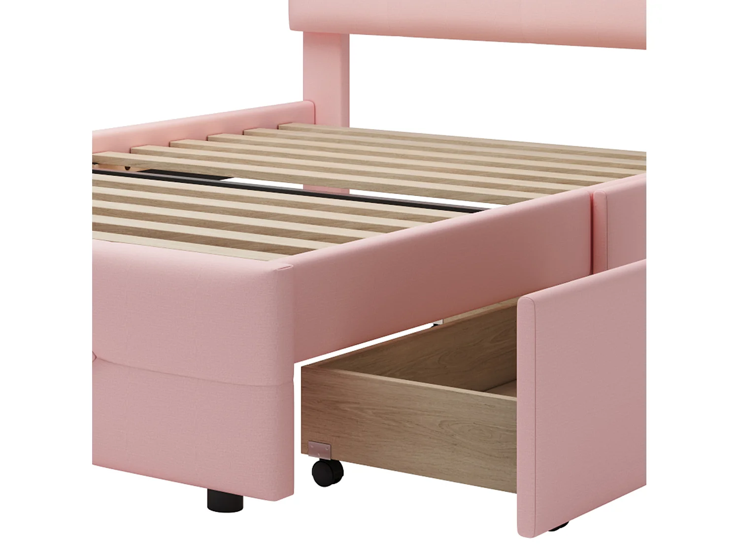 Lit simple 90x200cm - Lit enfant capitonné avec 2 tiroirs, sommier à lattes et tête de lit LED - Lin Rose