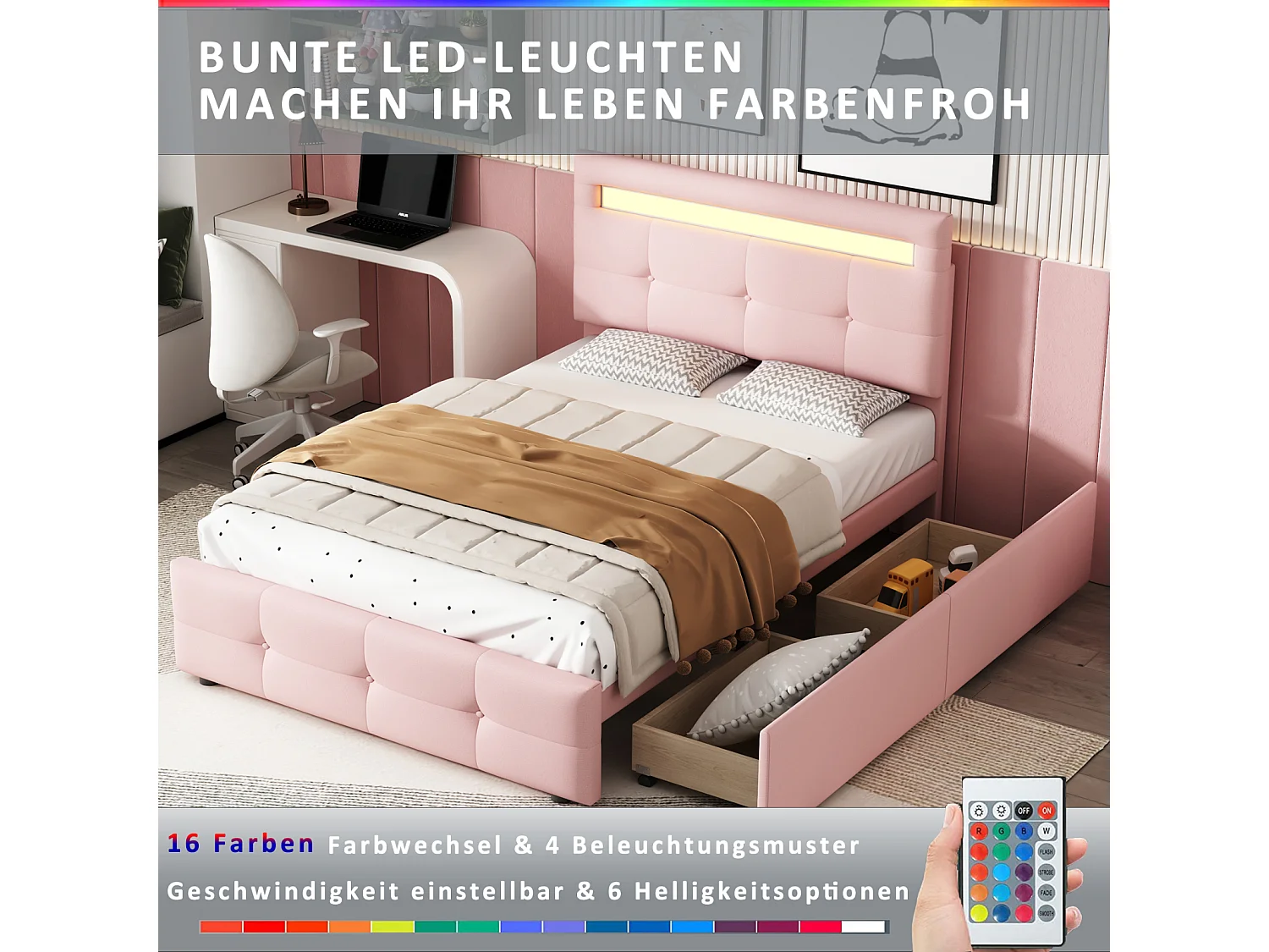 Lit simple 90x200cm - Lit enfant capitonné avec 2 tiroirs, sommier à lattes et tête de lit LED - Lin Rose