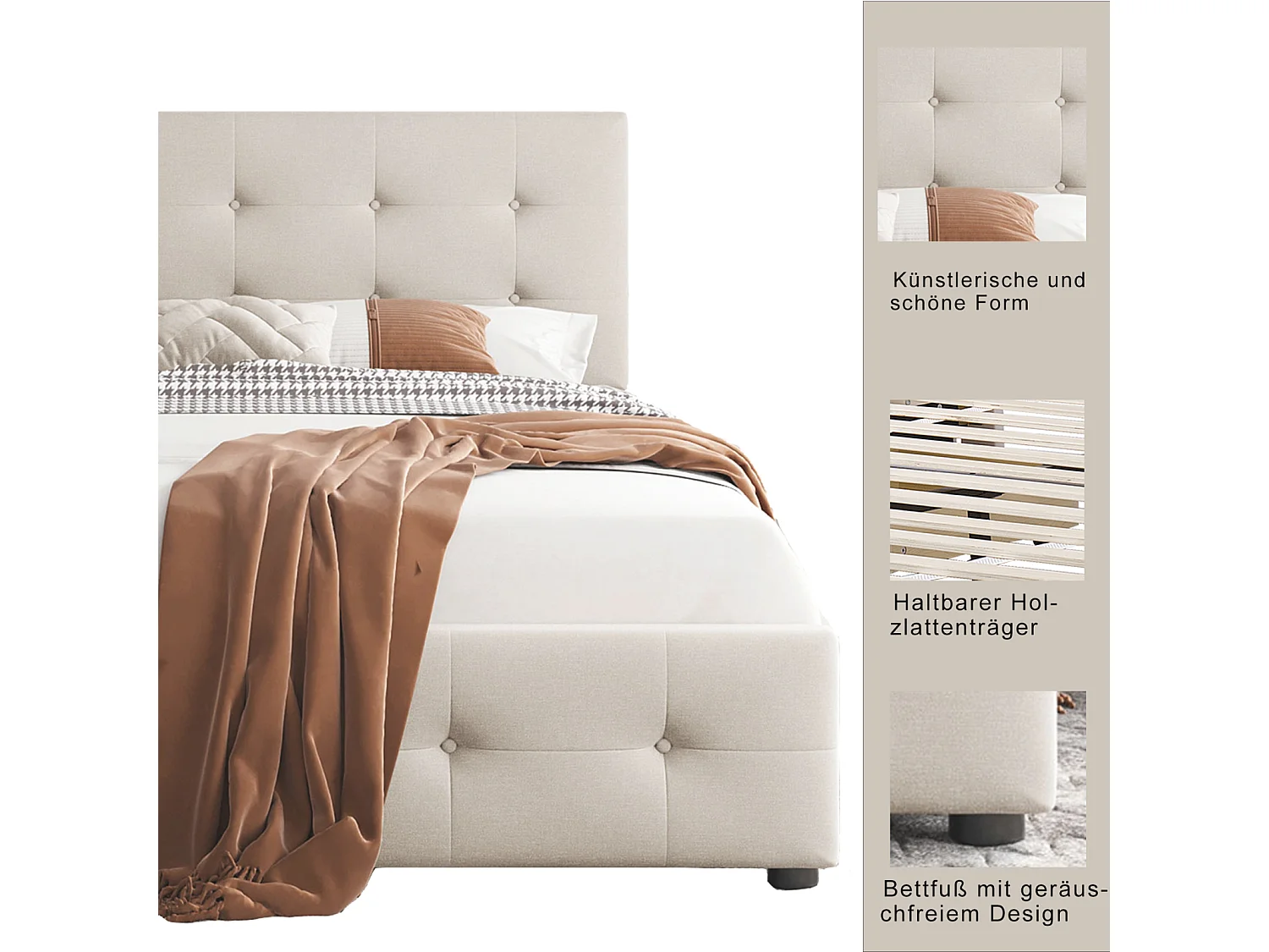 Lit capitonne 90 x 200 cm - avec 2 tiroirs, sommier à lattes et tête de lit relevable, tissu velours, style scandinave - Beige