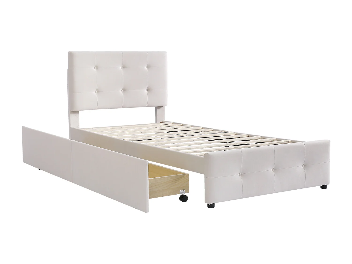 Lit capitonne 90 x 200 cm - avec 2 tiroirs, sommier à lattes et tête de lit relevable, tissu velours, style scandinave - Beige